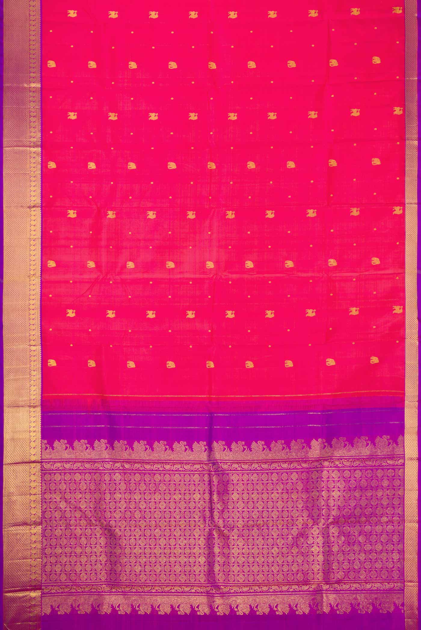 Flat view of Pure Silk Pure Zari Pink Dual Tone Kanchipuram Saree with Zari Butta on the body and Zari Border