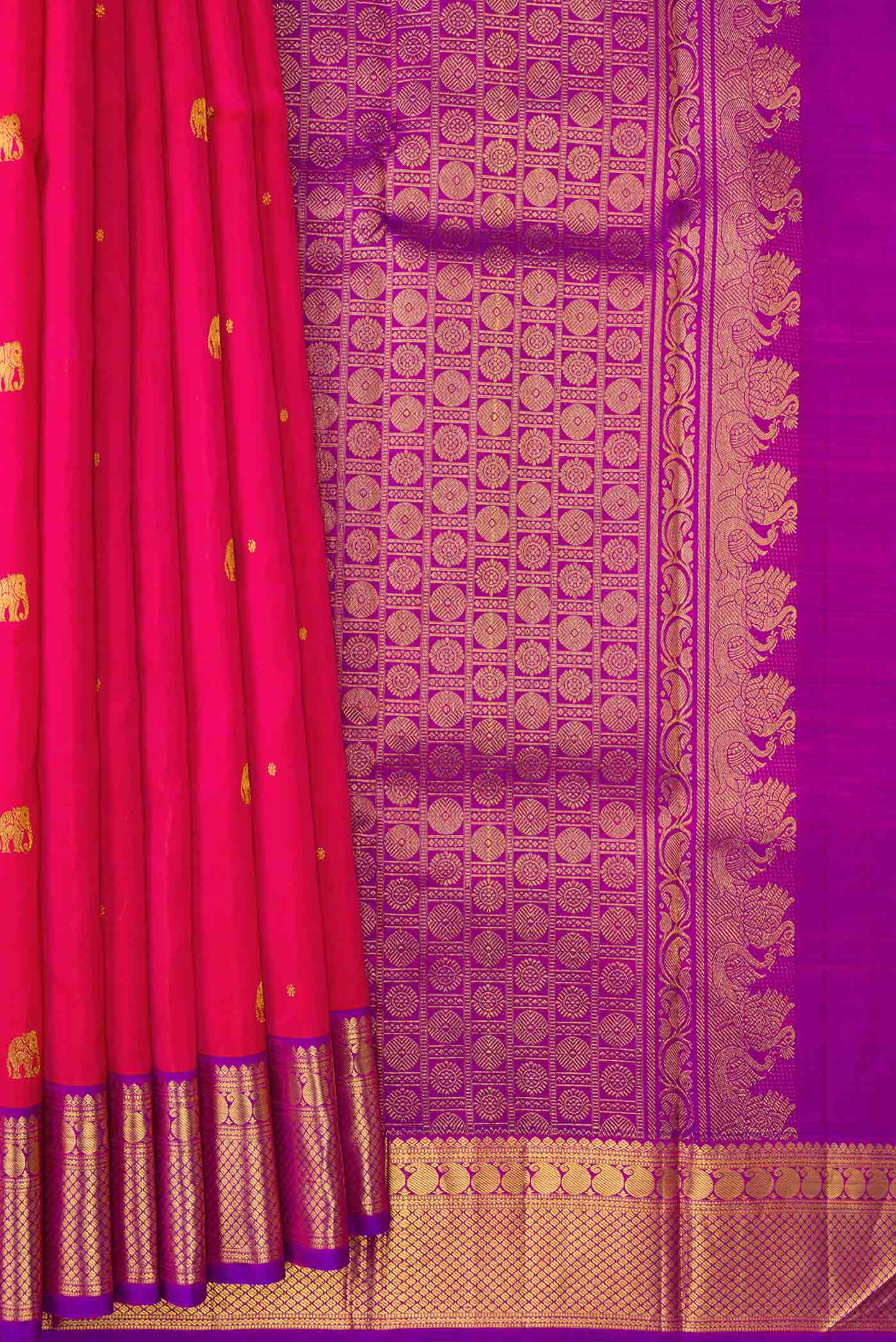 Pleats and pallu of Pure Silk Pure Zari Pink Dual Tone Kanchipuram Saree with Zari Butta on the body and Zari Border