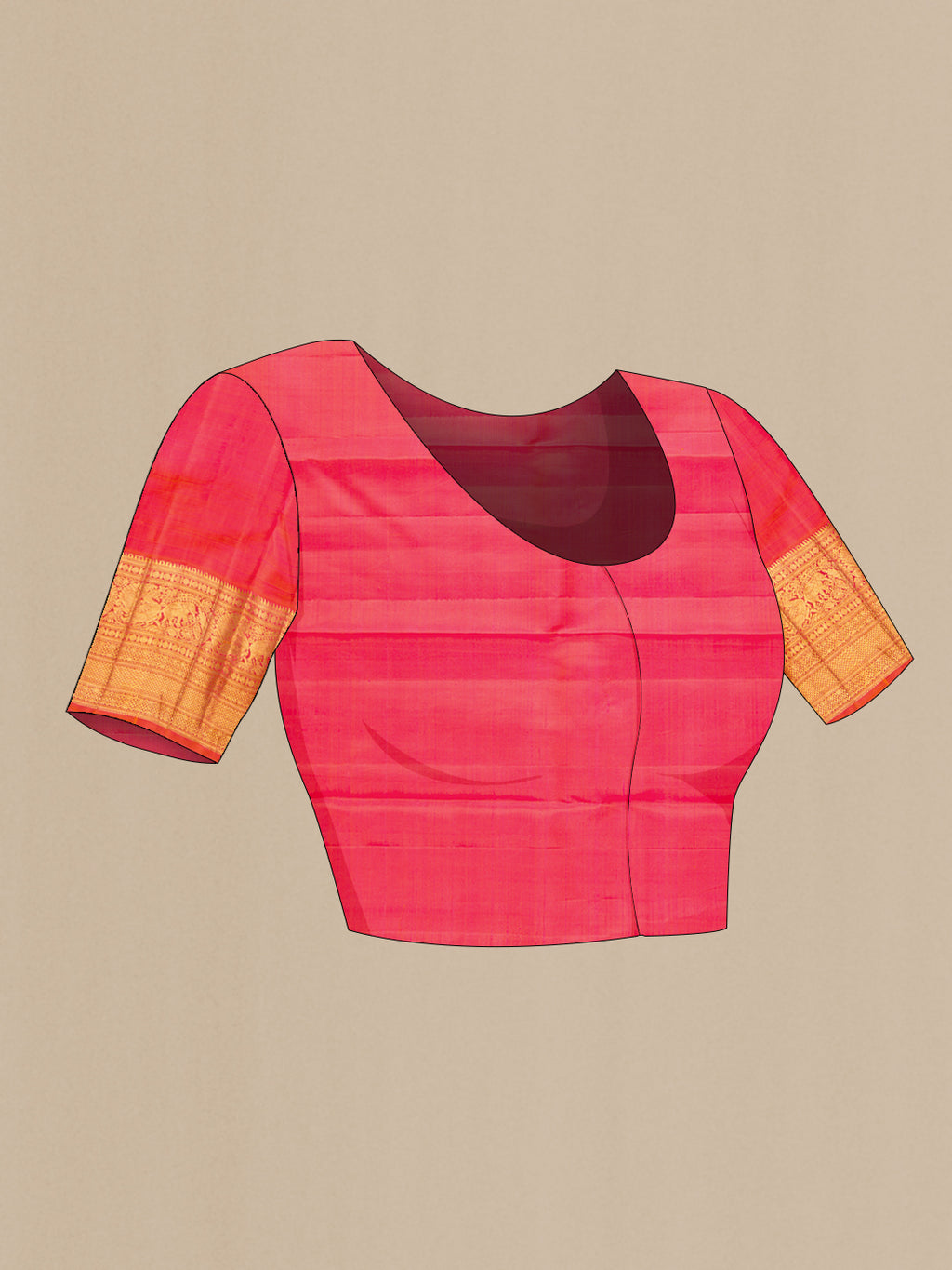 Close up image of the blouse of Magenta Dual Tone Kanchipuram Silk Saree with Zari Brocade on the body and Zari Border. 