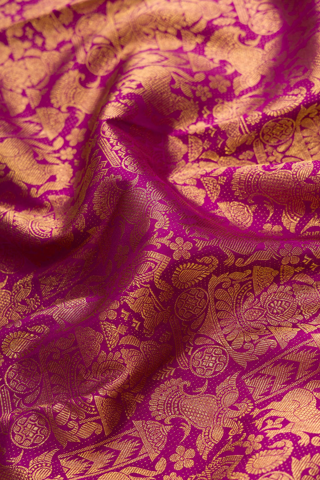 Close up of Magenta Dual Tone Kanchipuram Silk Saree with Zari Brocade on the body and Zari Border.  displaying folds