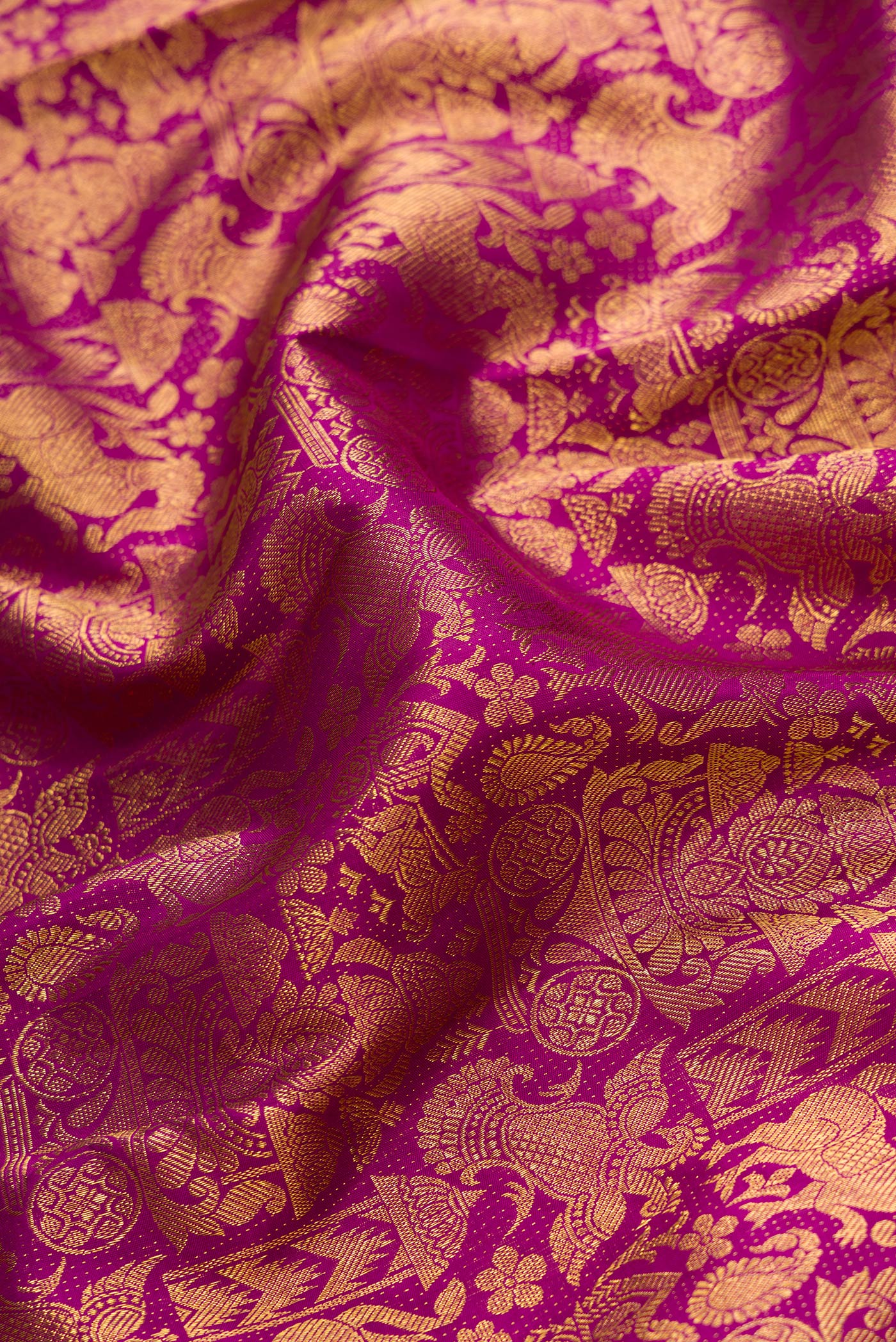 Close up of Magenta Dual Tone Kanchipuram Silk Saree with Zari Brocade on the body and Zari Border.  displaying folds