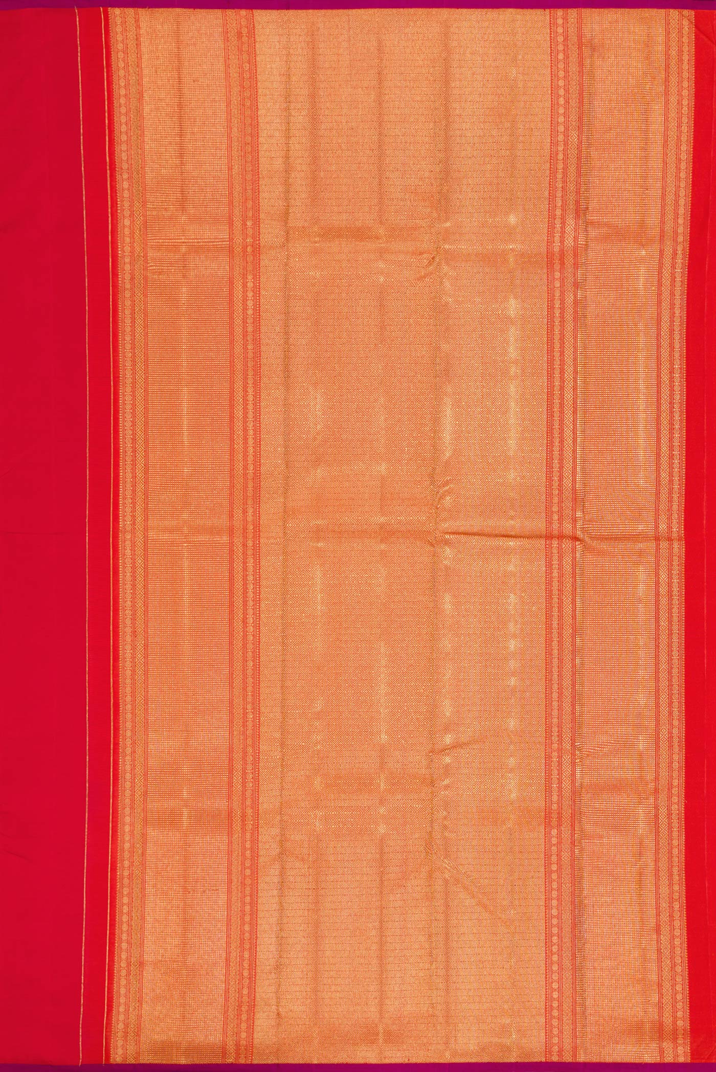 Close up image of the pallu of Pure Silk Pure Zari Red Dual Tone Kanchipuram Saree with Zari Butta on the body and Without Border. 