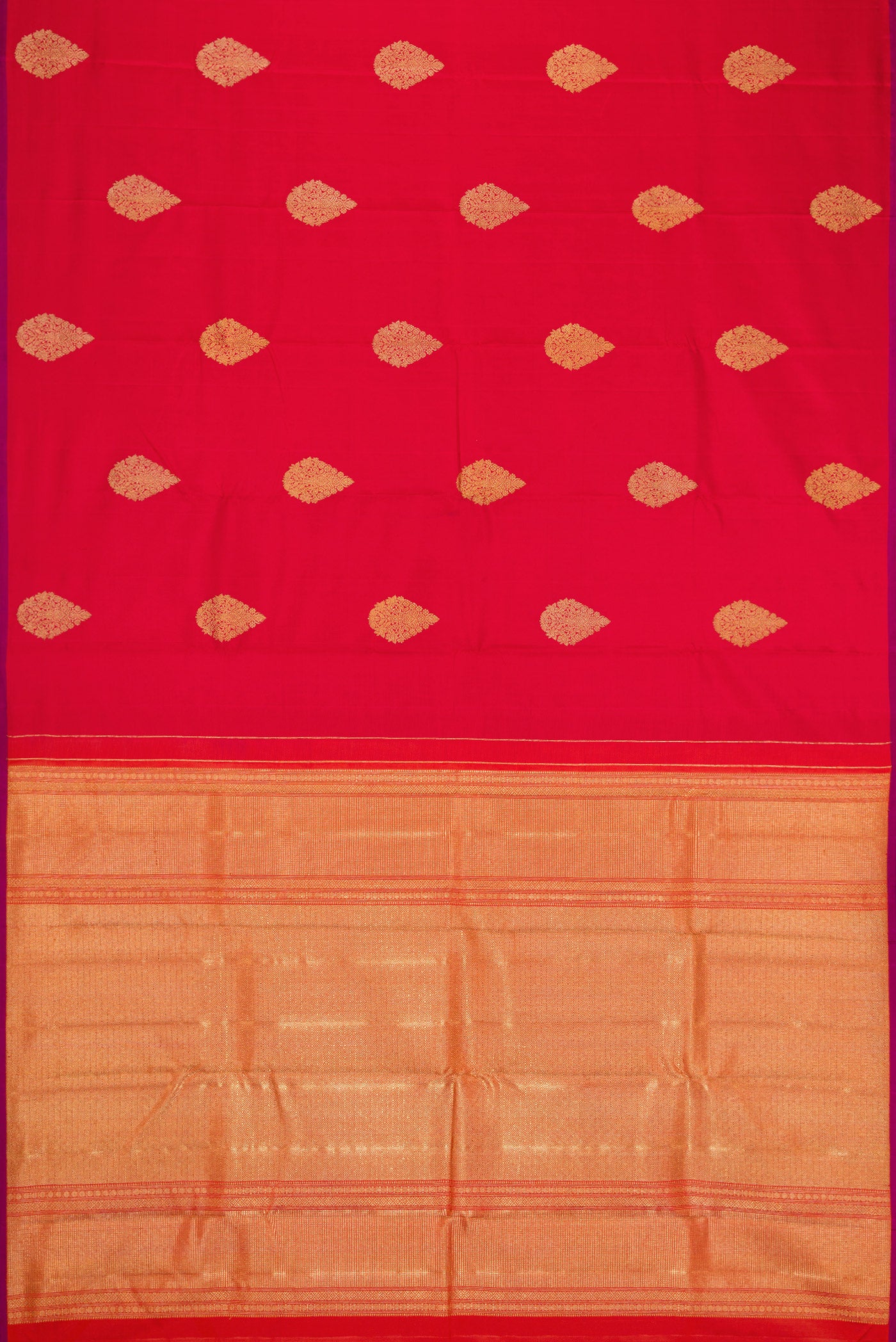 Flat view of Pure Silk Pure Zari Red Dual Tone Kanchipuram Saree with Zari Butta on the body and Without Border. 