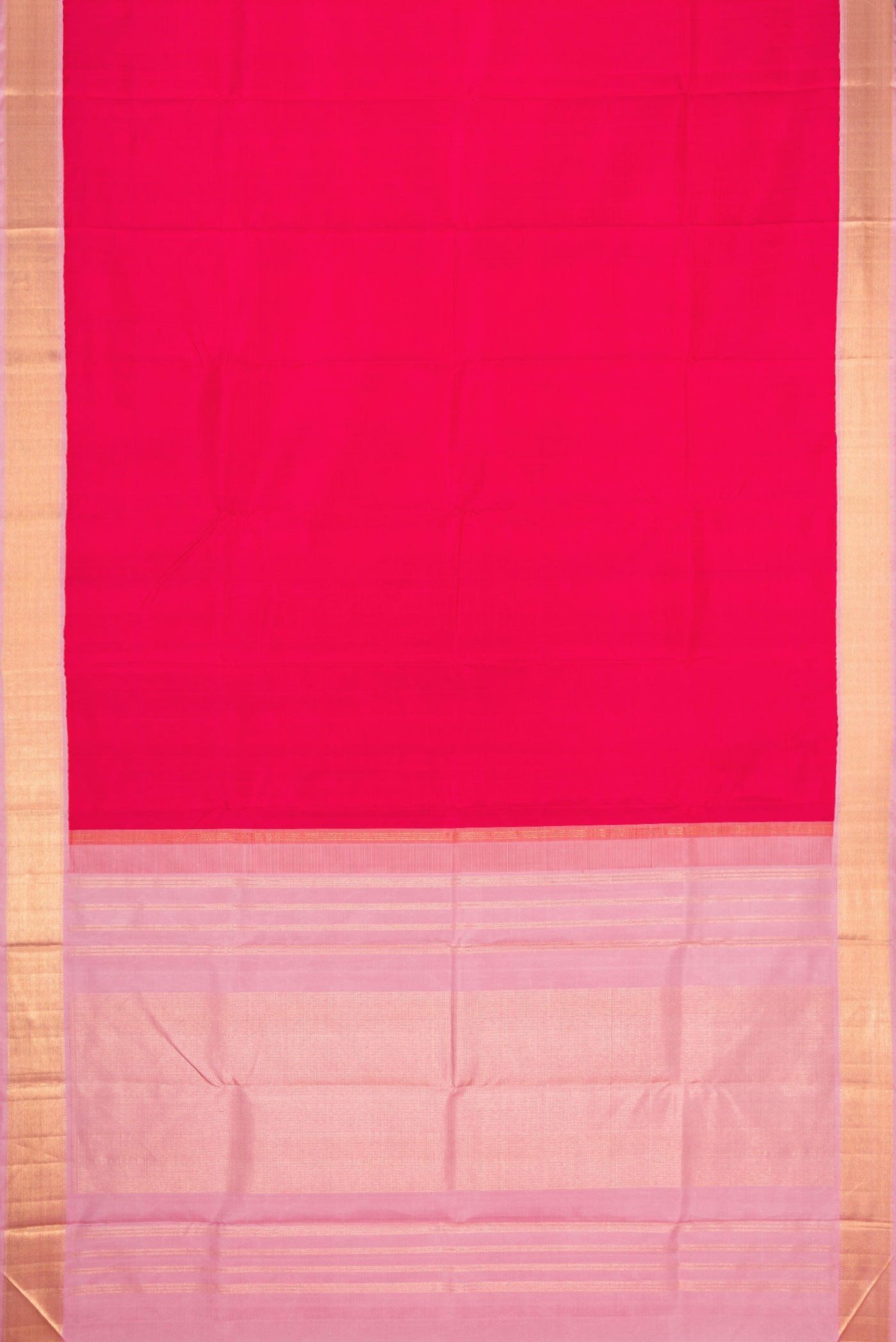Flat view of Dark Pink Dual Tone Kanjivaram Silk Saree with Plain Body and Zari Border. 