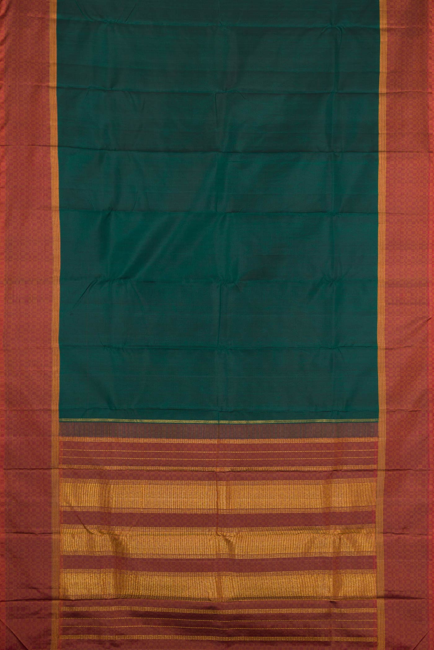 Flat view of Bottle Green Dual Tone Kanchipuram Silk Saree with Plain Body and Checks Border. 