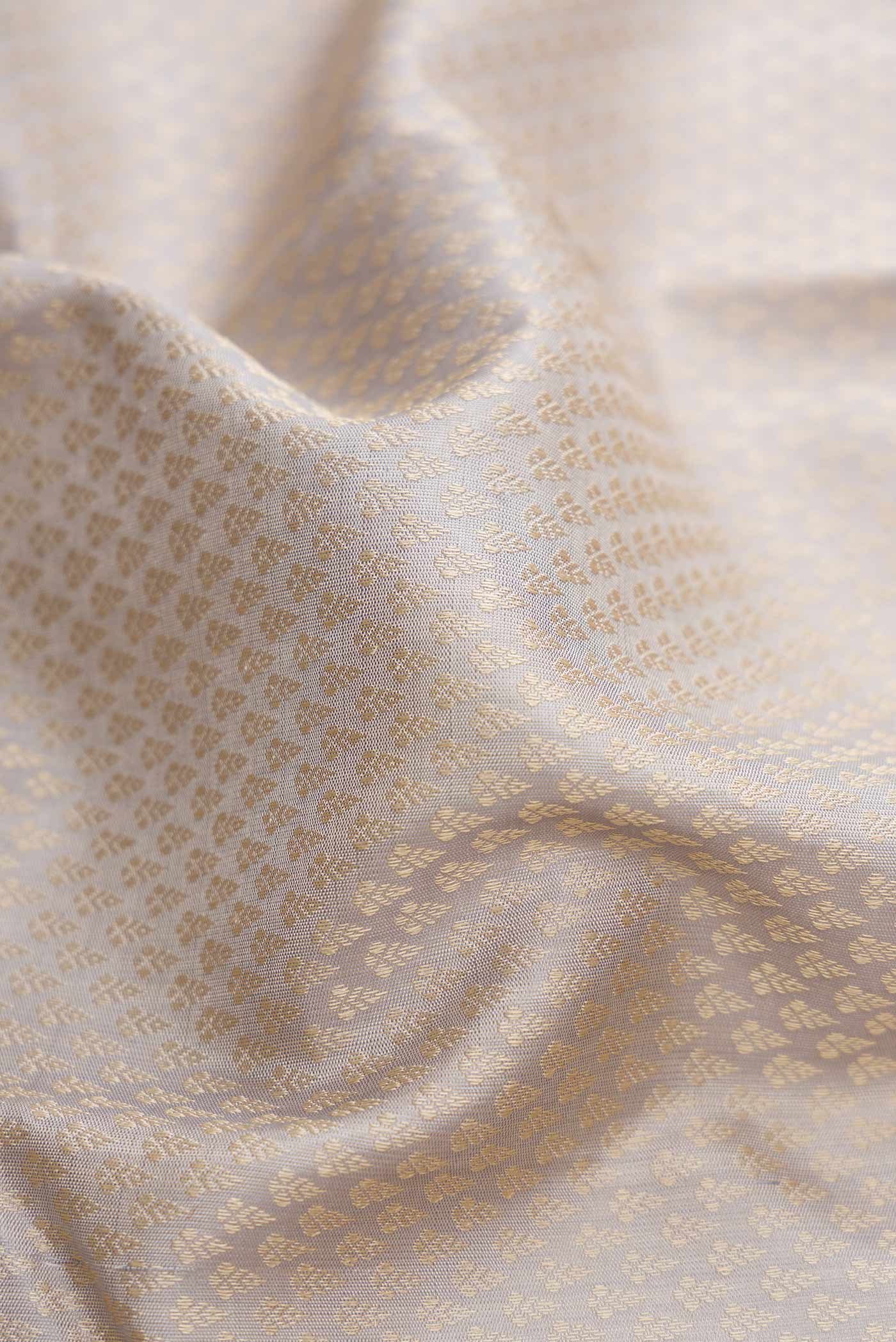 Close up of Grey Dual Tone Kanjivaram Silk Saree with Jacquard design on the body and Zari And Thread Border.  displaying folds