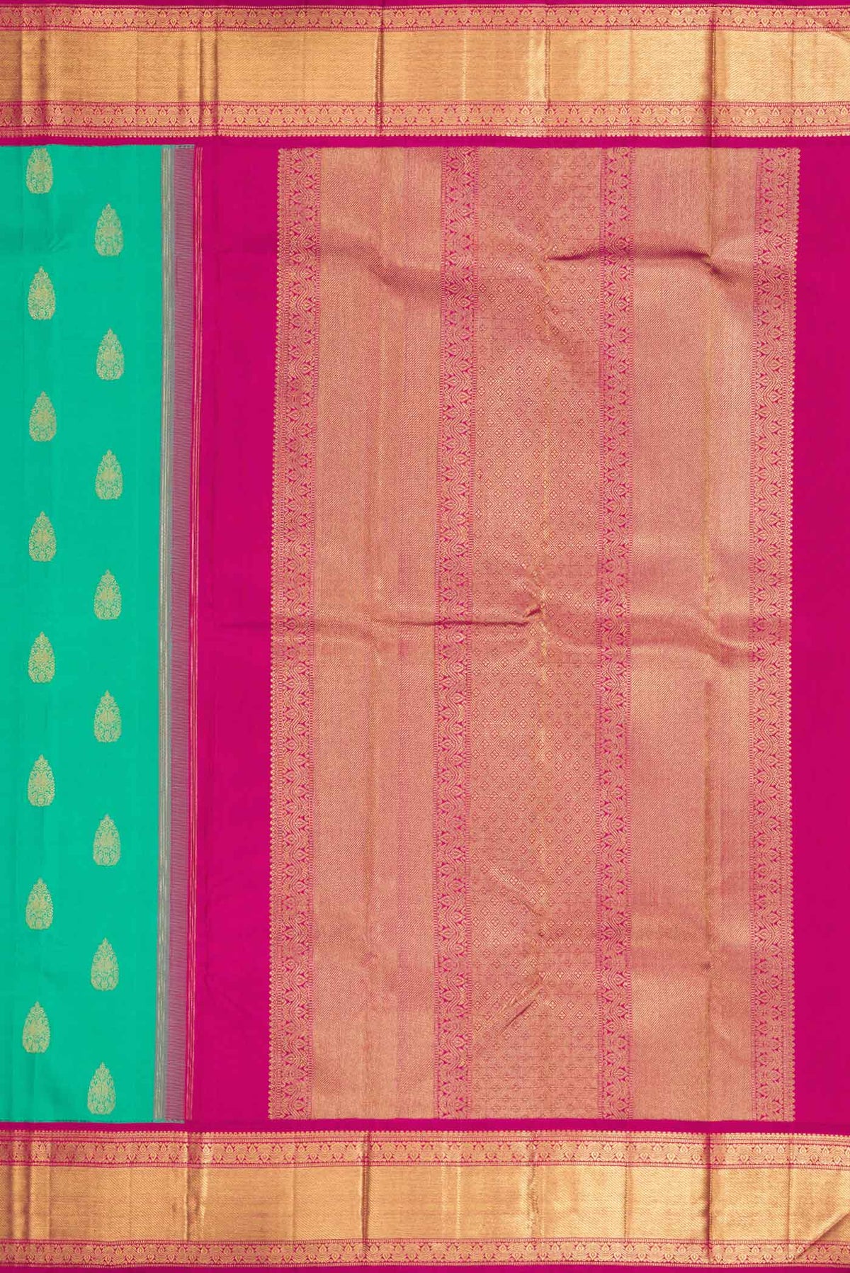 Close up image of the pallu of Pure Silk Pure Zari Sea Green Dual Tone Kanchipuram Saree with Zari Butta on the body and Zari Border