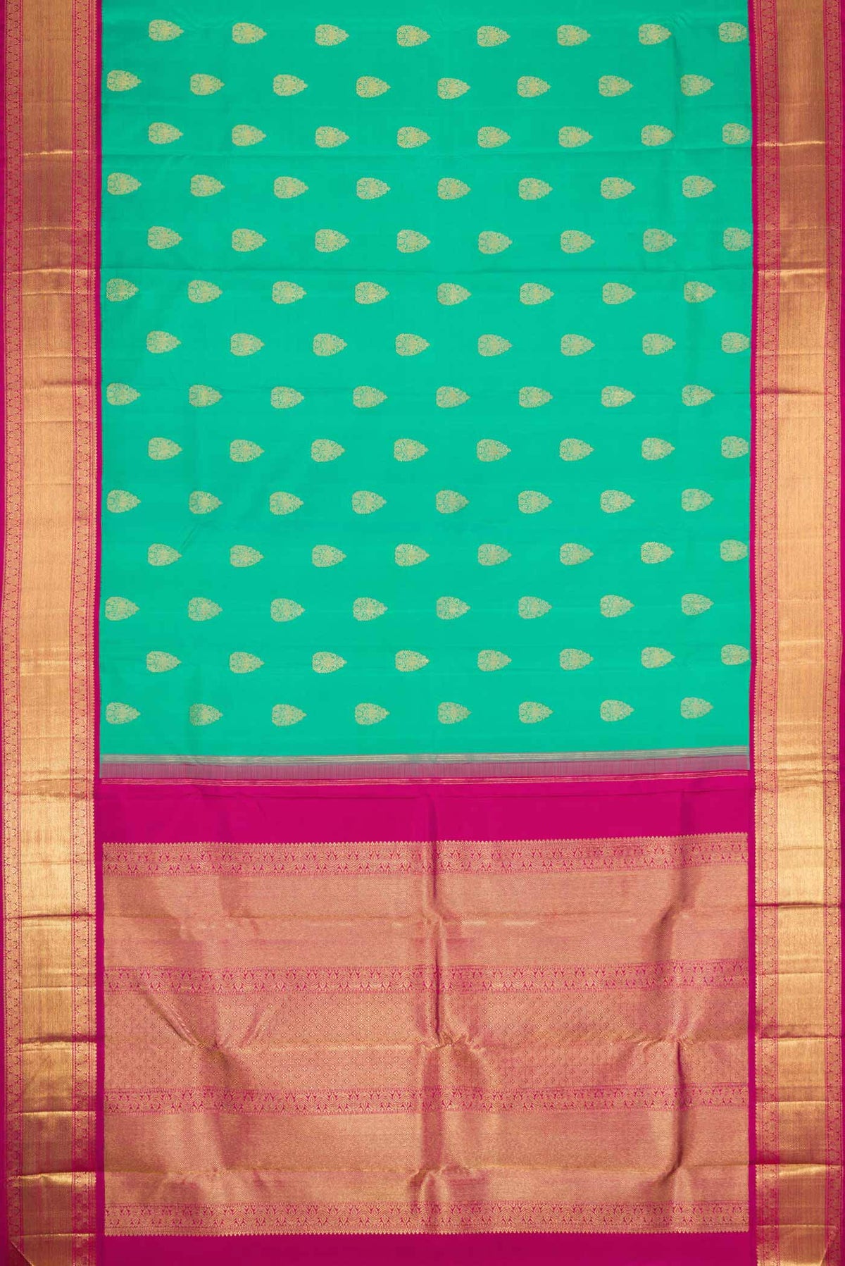 Flat view of Pure Silk Pure Zari Sea Green Dual Tone Kanchipuram Saree with Zari Butta on the body and Zari Border