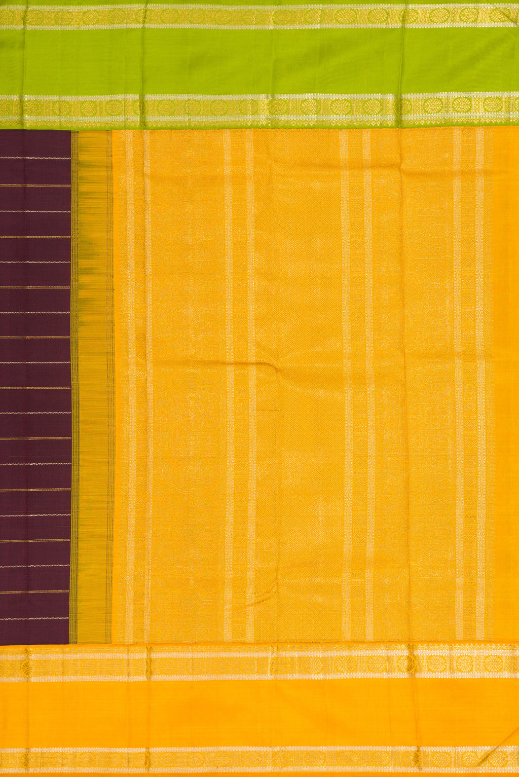 Close up image of the pallu of Coffee Brown Dual Tone Kanchipuram Silk Saree with Stripes on the body and Ganga Jamuna Border. 