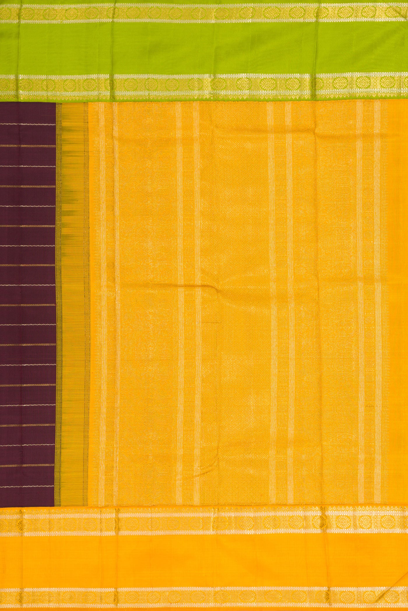 Close up image of the pallu of Coffee Brown Dual Tone Kanchipuram Silk Saree with Stripes on the body and Ganga Jamuna Border. 