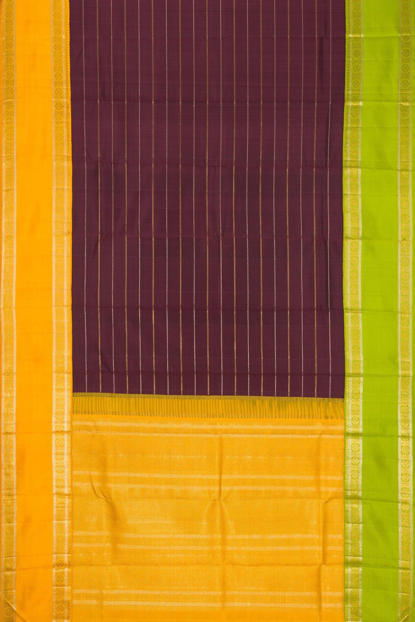 Flat view of Coffee Brown Dual Tone Kanchipuram Silk Saree with Stripes on the body and Ganga Jamuna Border. 