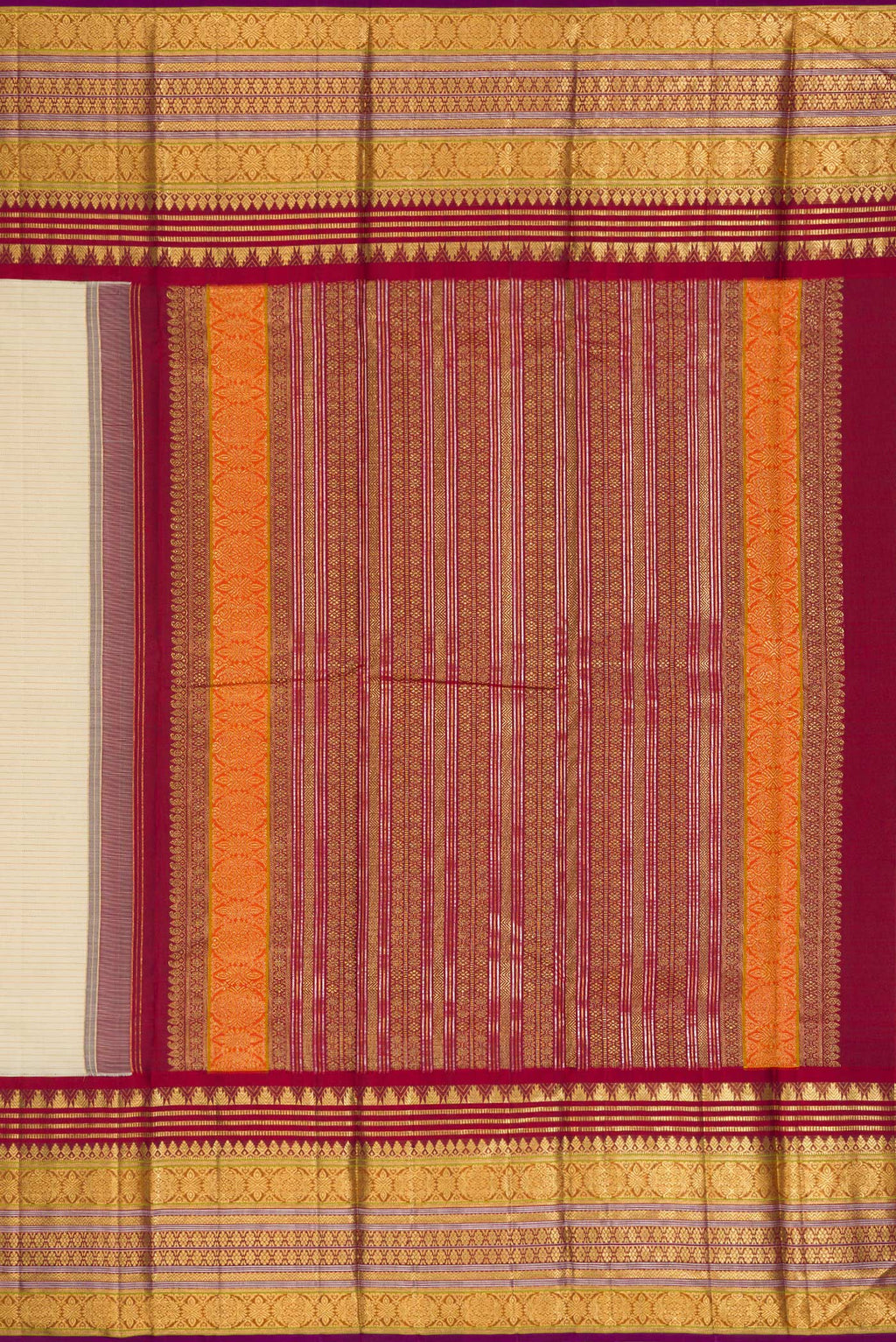 Close up image of the pallu of Sandal Dual Tone Kanchipuram Silk Saree with Zari Butta on the body and Zari Border. 