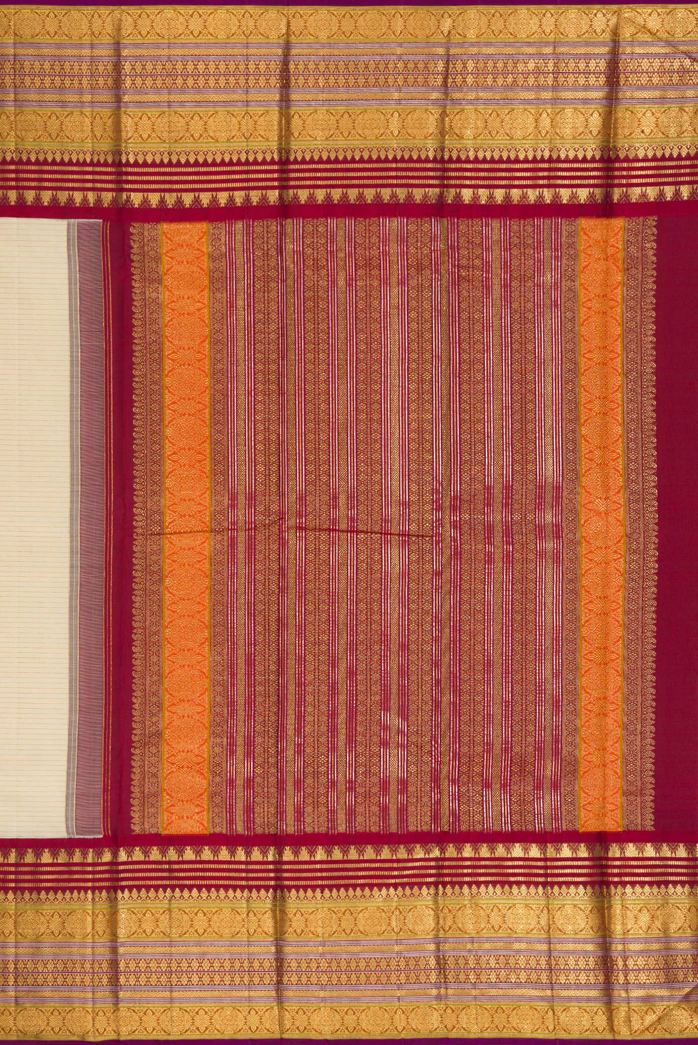 Close up image of the pallu of Sandal Dual Tone Kanchipuram Silk Saree with Zari Butta on the body and Zari Border. 