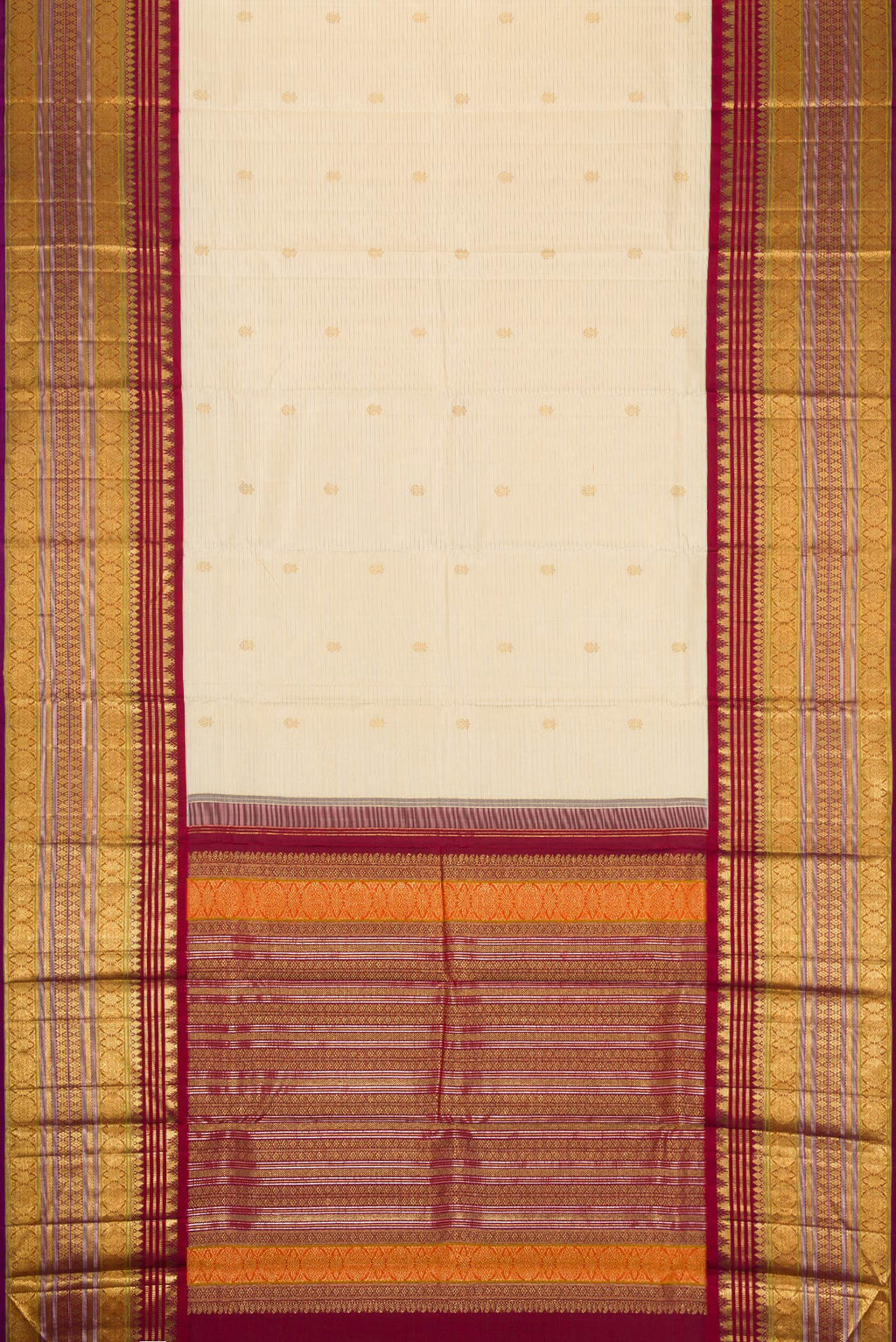 Flat view of Sandal Dual Tone Kanchipuram Silk Saree with Zari Butta on the body and Zari Border. 