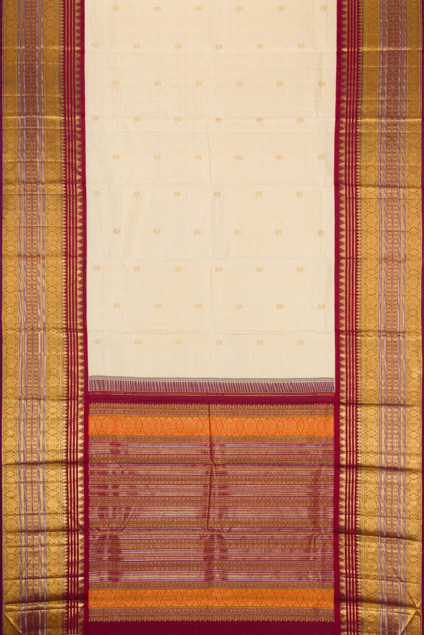 Flat view of Sandal Dual Tone Kanchipuram Silk Saree with Zari Butta on the body and Zari Border. 