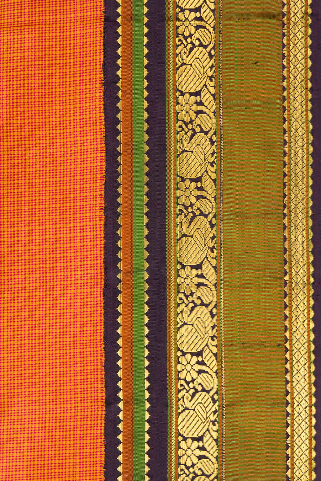 Border image of Mustard Dual Tone Kanjivaram Silk Saree with Checked design on the body and Zari Border. 