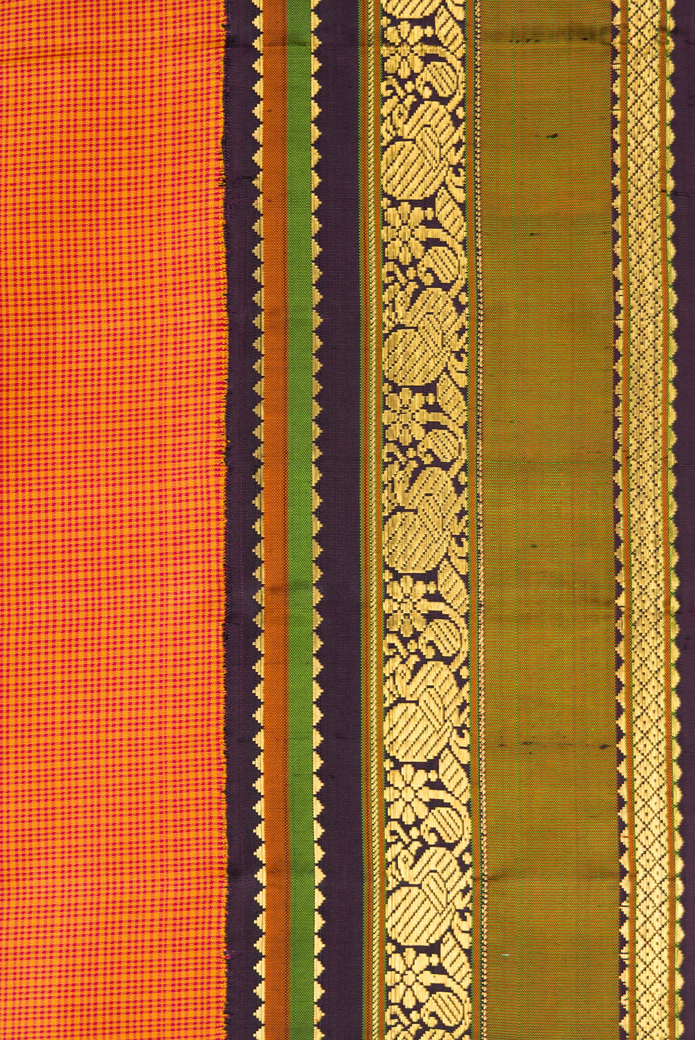 Border image of Mustard Dual Tone Kanjivaram Silk Saree with Checked design on the body and Zari Border. 