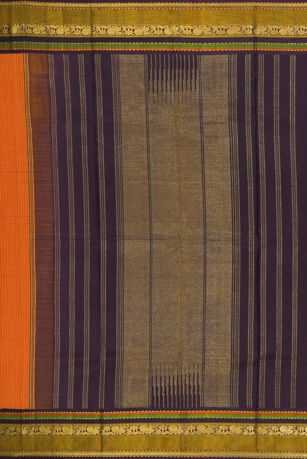 Close up image of the pallu of Mustard Dual Tone Kanjivaram Silk Saree with Checked design on the body and Zari Border. 