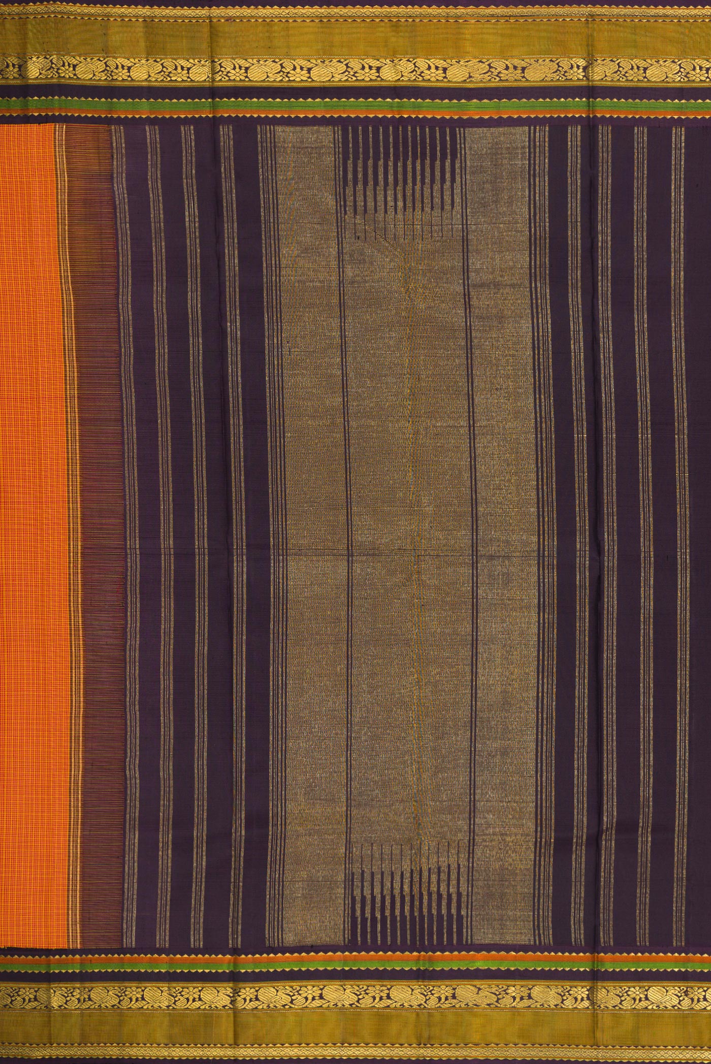 Close up image of the pallu of Mustard Dual Tone Kanjivaram Silk Saree with Checked design on the body and Zari Border. 