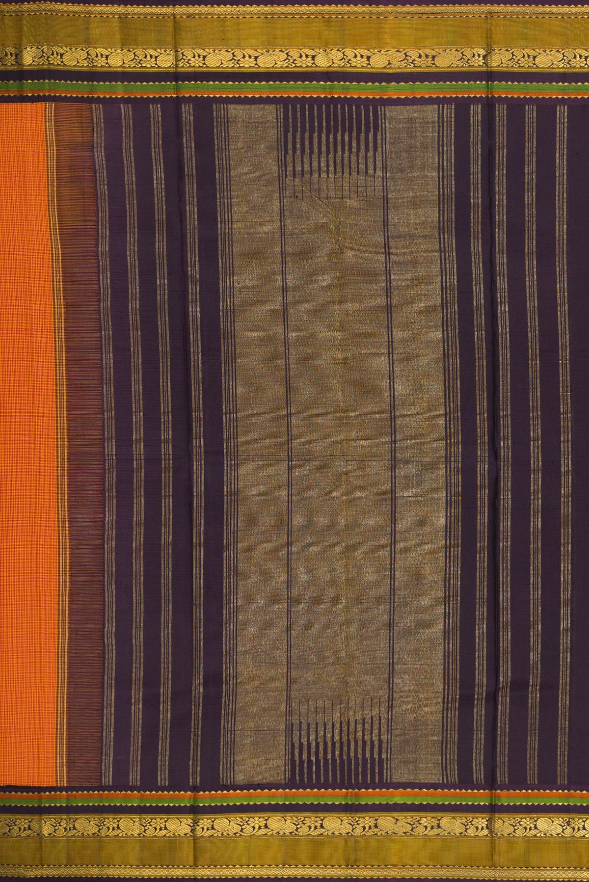 Close up image of the pallu of Mustard Dual Tone Kanjivaram Silk Saree with Checked design on the body and Zari Border. 