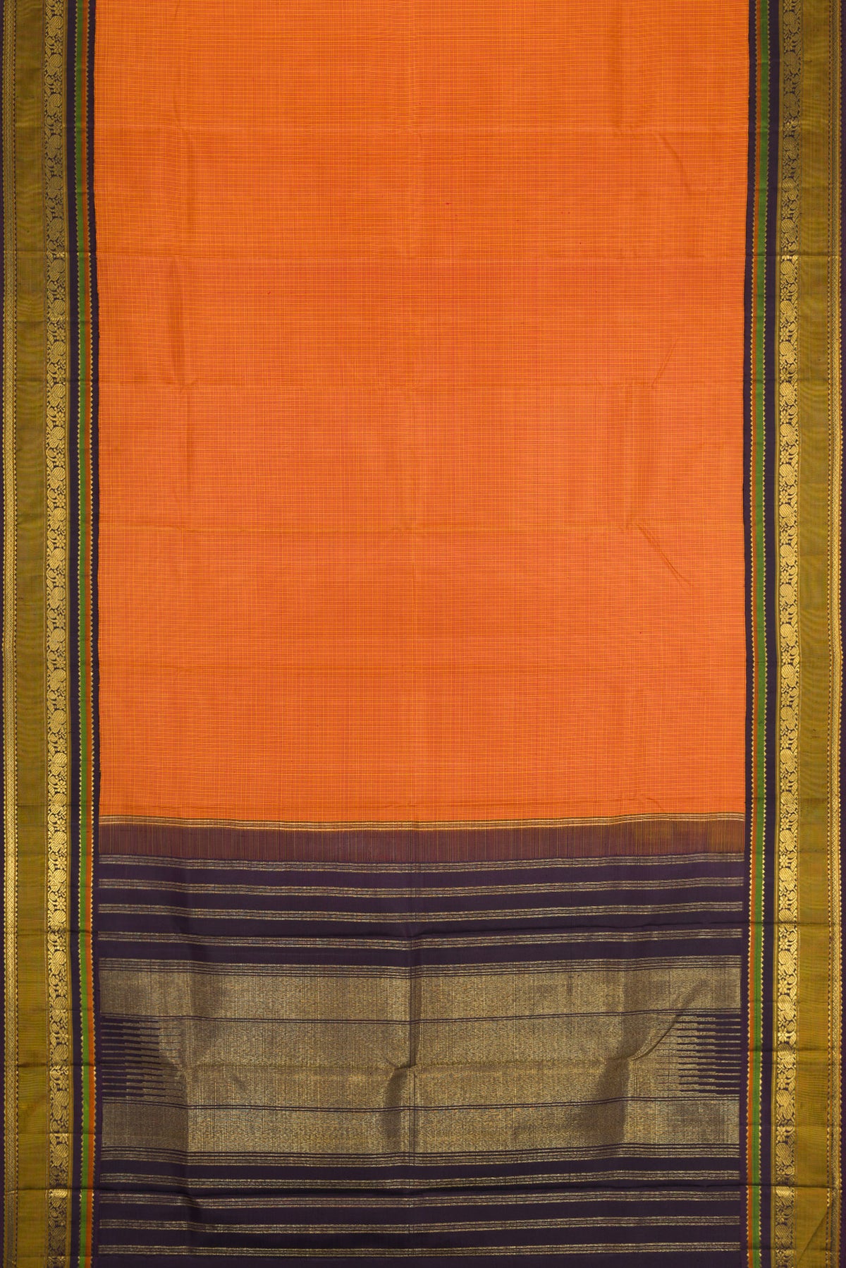Flat view of Mustard Dual Tone Kanjivaram Silk Saree with Checked design on the body and Zari Border. 