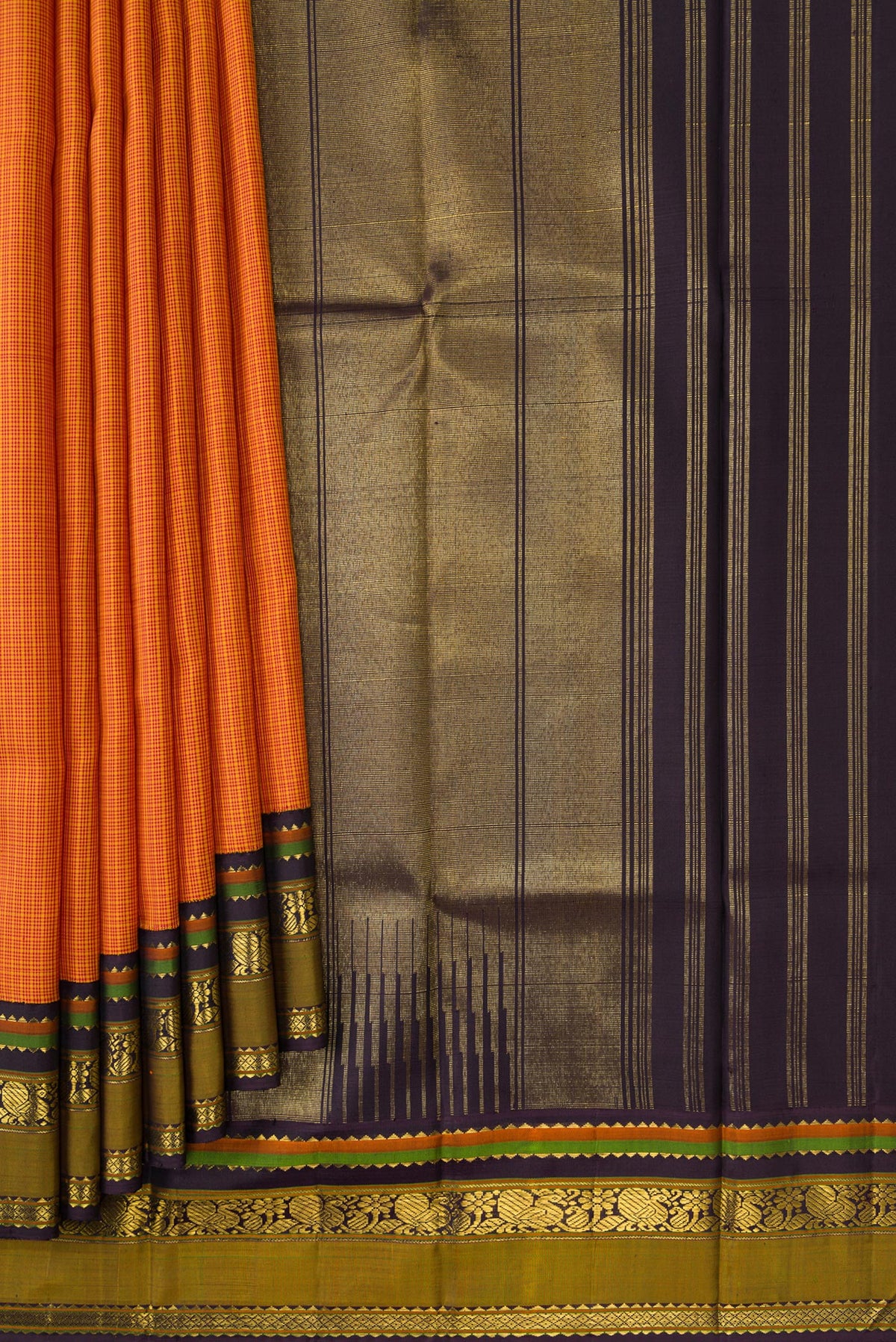 Pleats and pallu of Mustard Dual Tone Kanjivaram Silk Saree with Checked design on the body and Zari Border. 