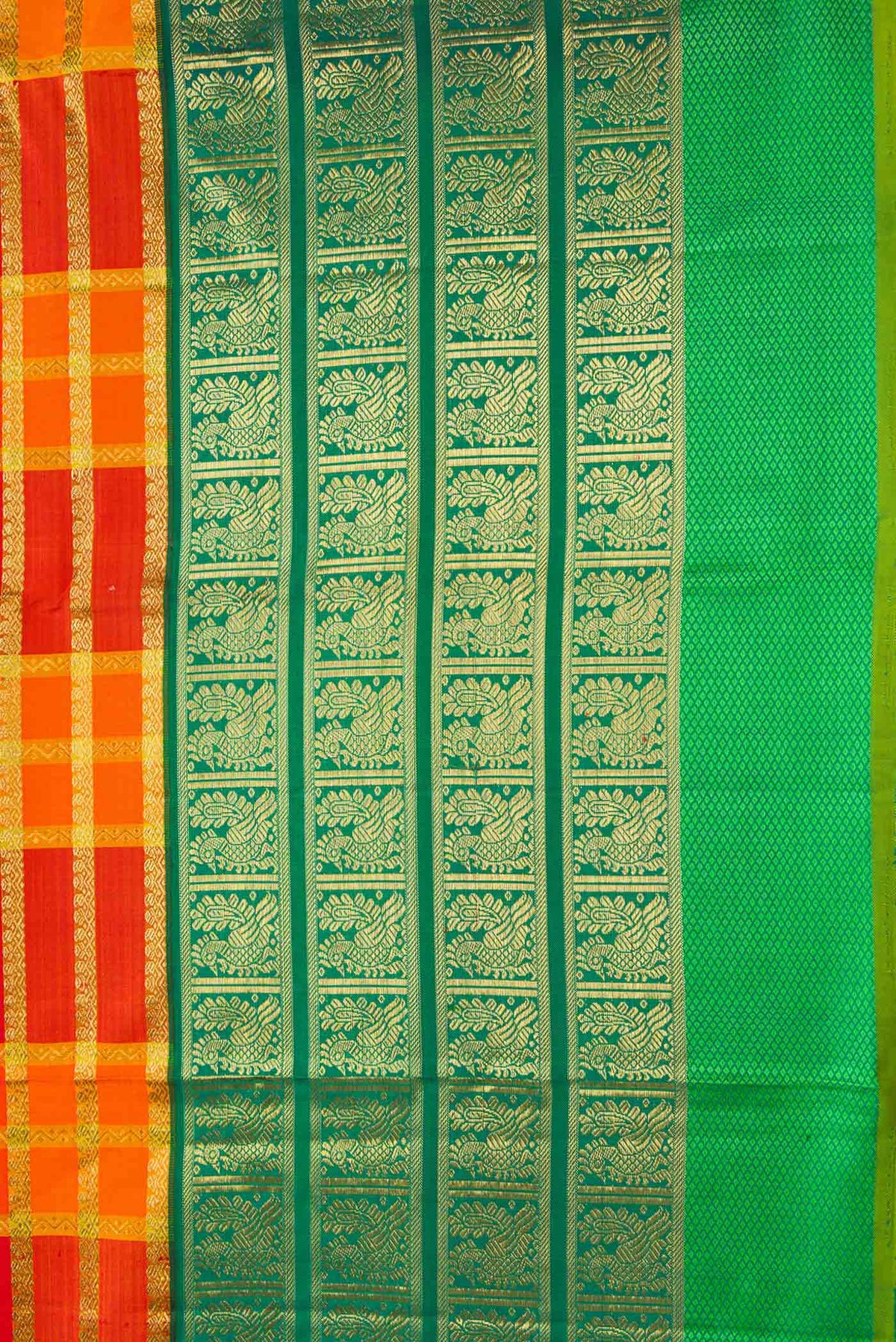 Border image of Pure Silk Pure Zari Orange Dual Tone Kanchipuram Saree with Checked design on the body and Zari Border