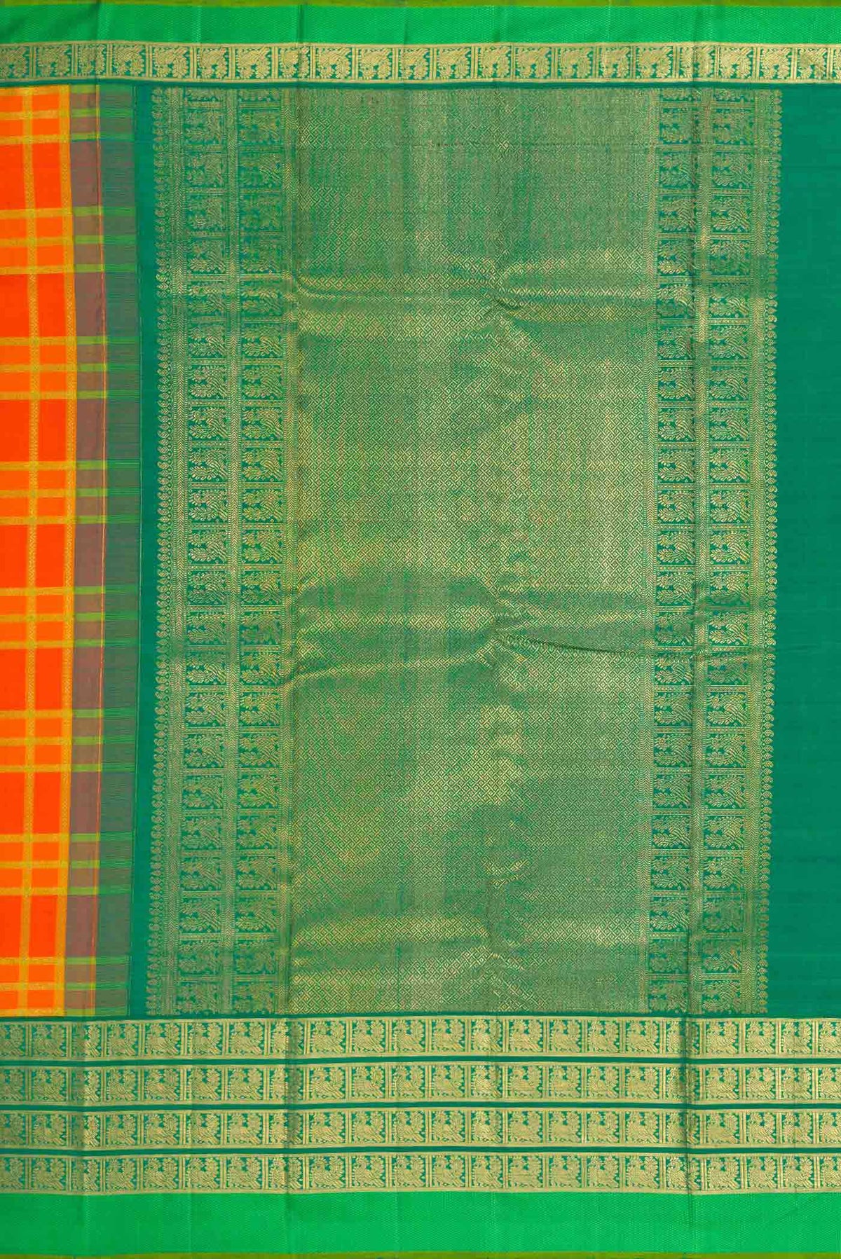 Close up image of the pallu of Pure Silk Pure Zari Orange Dual Tone Kanchipuram Saree with Checked design on the body and Zari Border
