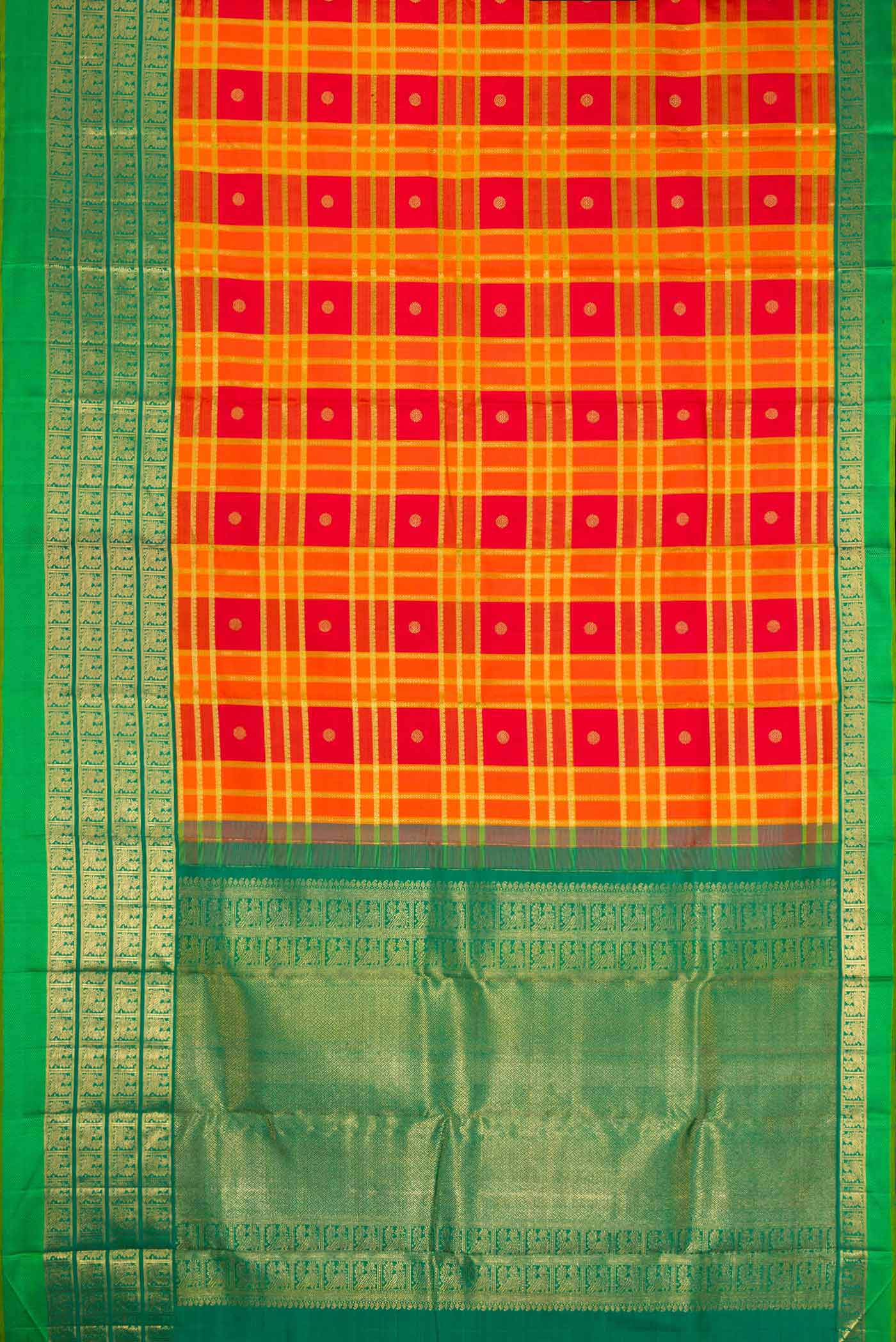 Flat view of Pure Silk Pure Zari Orange Dual Tone Kanchipuram Saree with Checked design on the body and Zari Border
