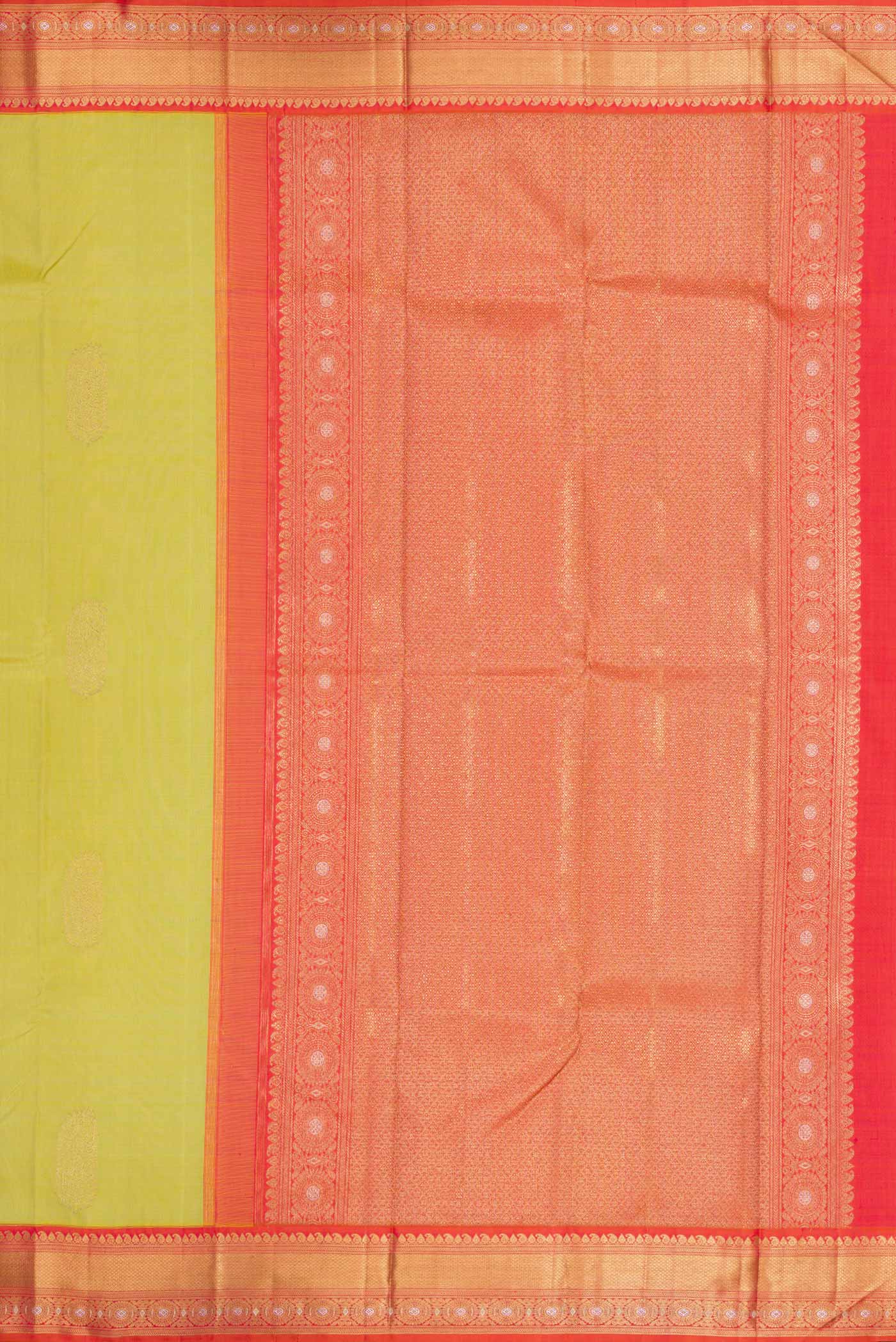 Close up image of the pallu of Pure Silk Pure Zari Lemon Yellow Dual Tone Kanchipuram Saree with Zari Butta on the body and Zari Border