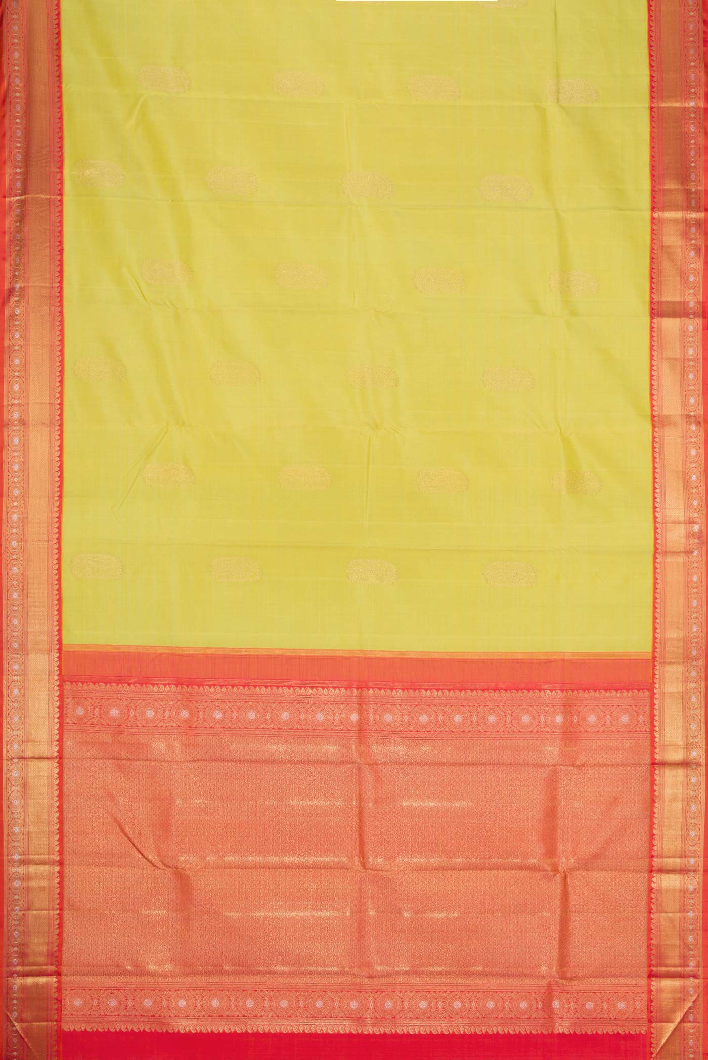 Flat view of Pure Silk Pure Zari Lemon Yellow Dual Tone Kanchipuram Saree with Zari Butta on the body and Zari Border