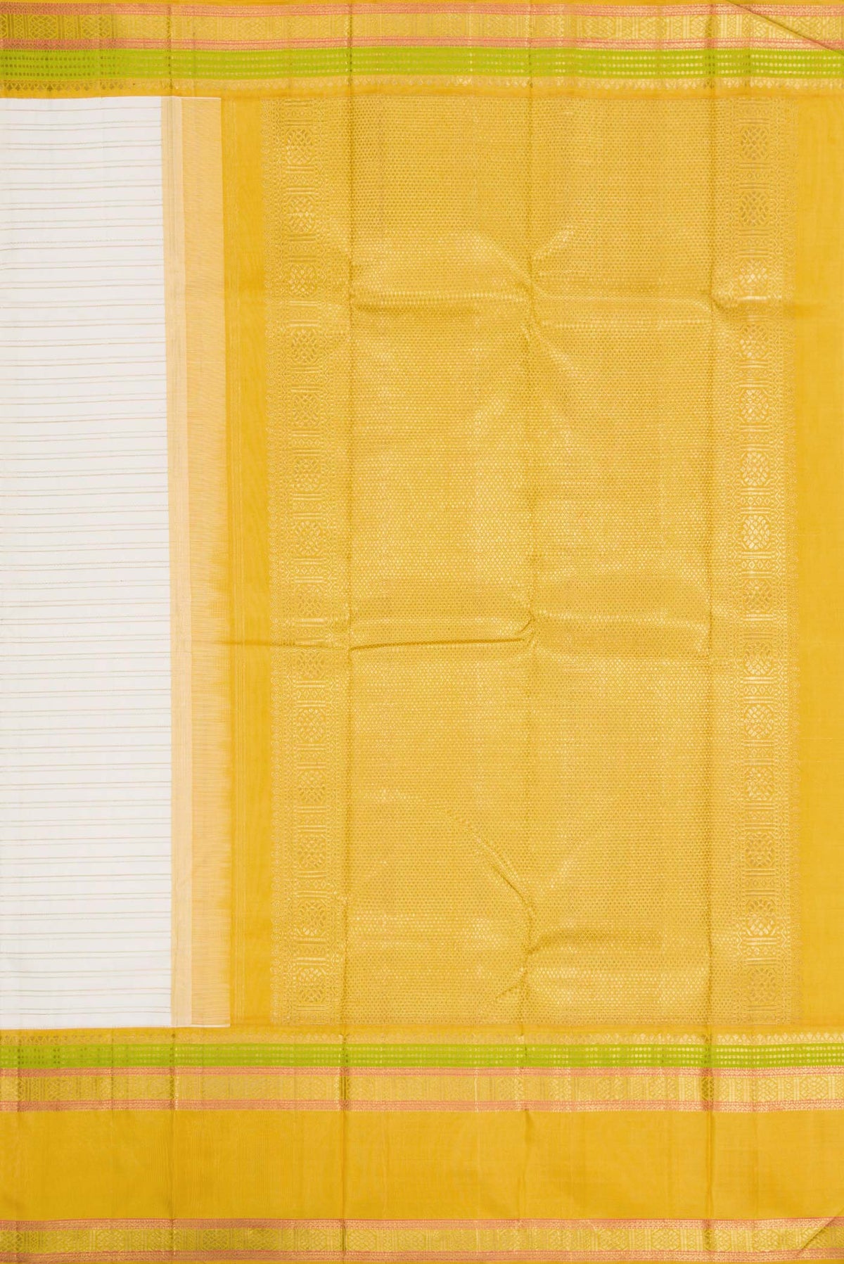 Close up image of the pallu of Pure Silk Pure Zari Off White Dual Tone Kanchipuram Saree with Stripes on the body and Zari Border