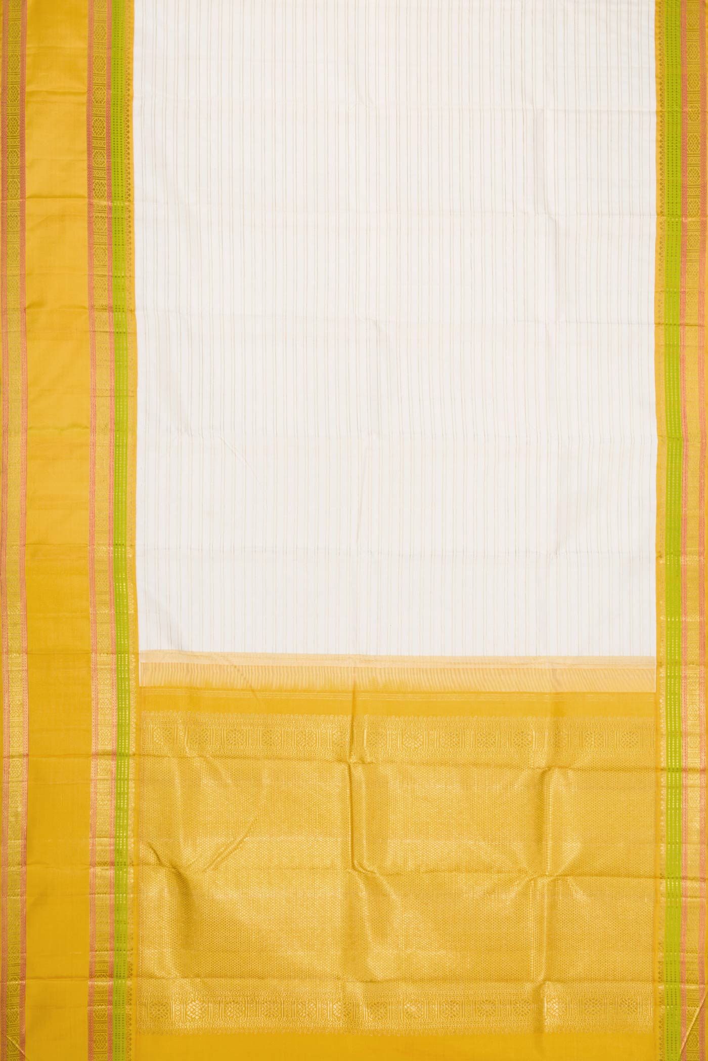 Flat view of Pure Silk Pure Zari Off White Dual Tone Kanchipuram Saree with Stripes on the body and Zari Border