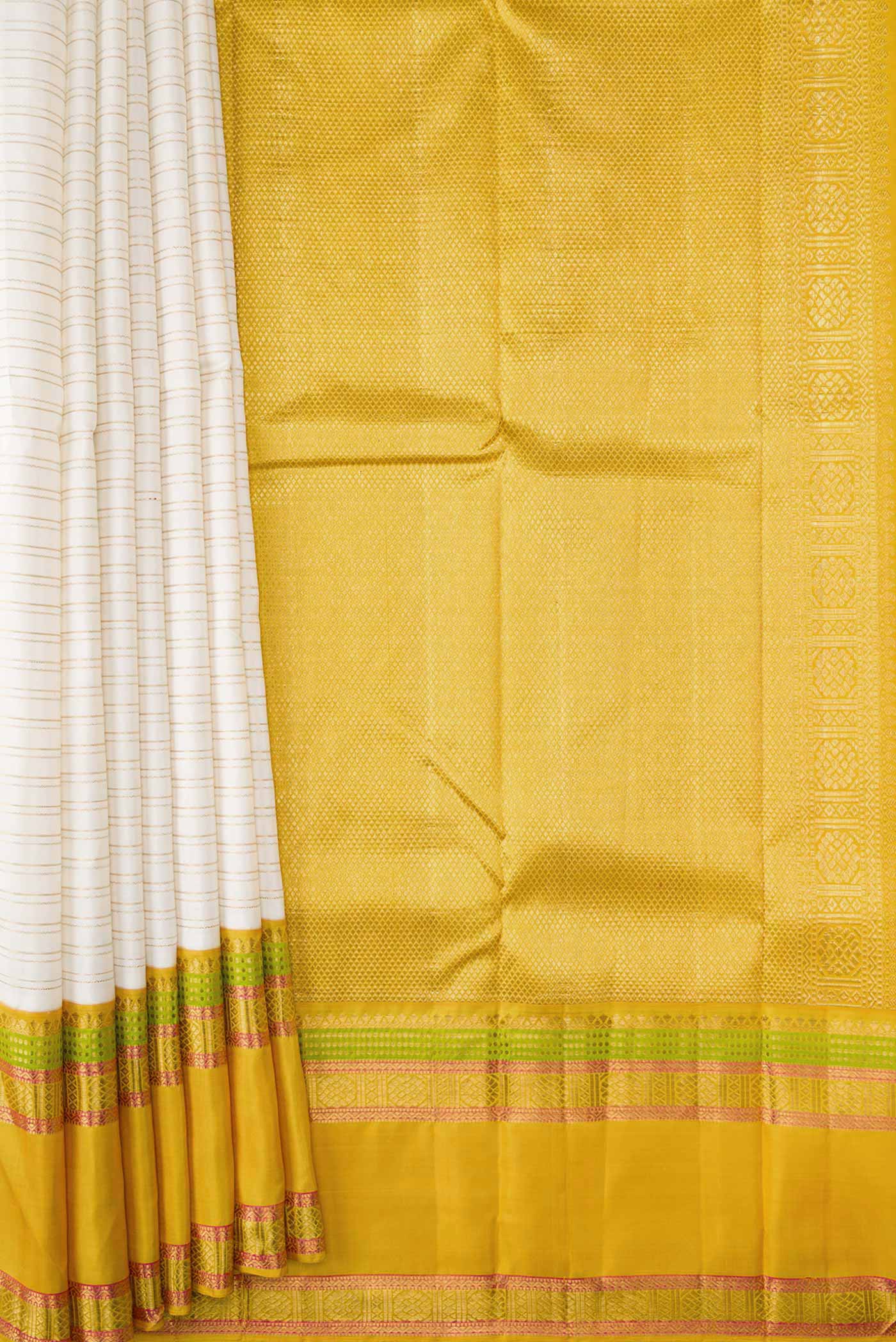 Pleats and pallu of Pure Silk Pure Zari Off White Dual Tone Kanchipuram Saree with Stripes on the body and Zari Border