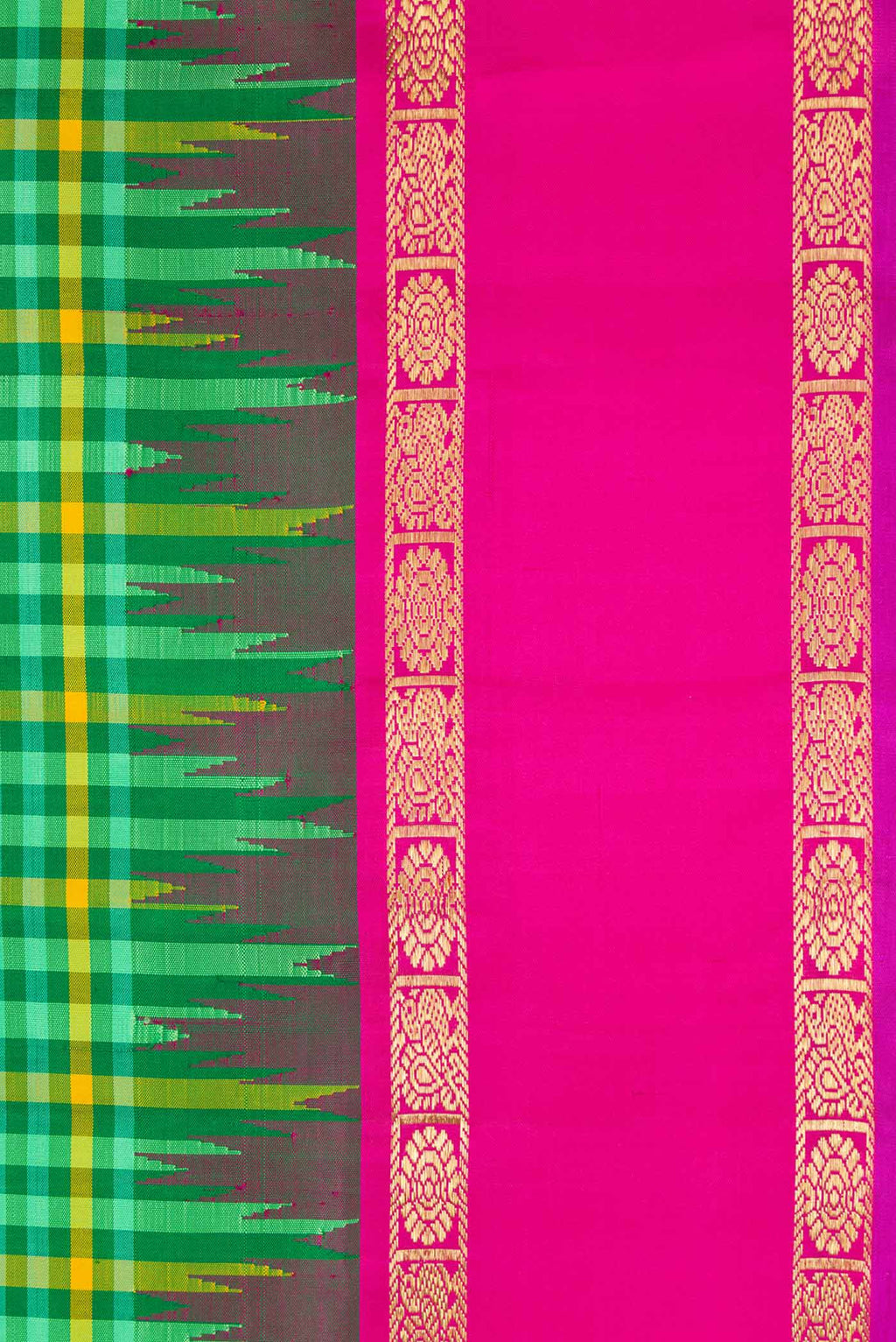 Border image of Pure Silk Pure Zari Green and Yellow Color Kanjivaram Saree with Checked design on the body and Zari Border. 