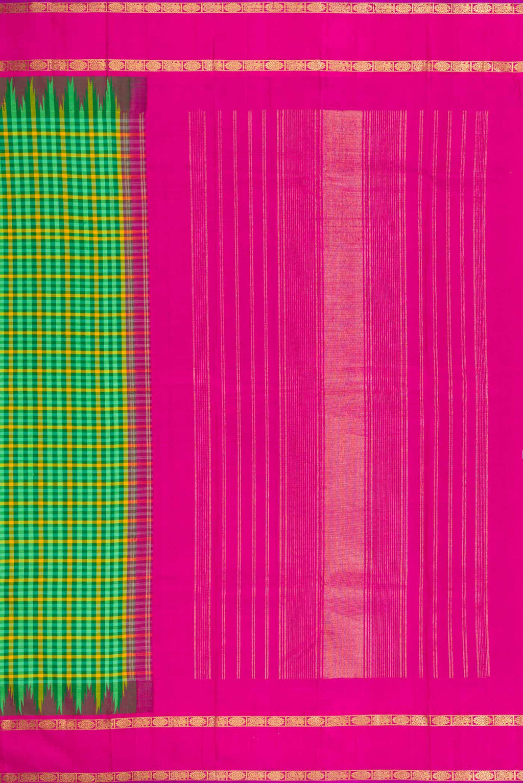 Close up image of the pallu of Pure Silk Pure Zari Green and Yellow Color Kanjivaram Saree with Checked design on the body and Zari Border. 