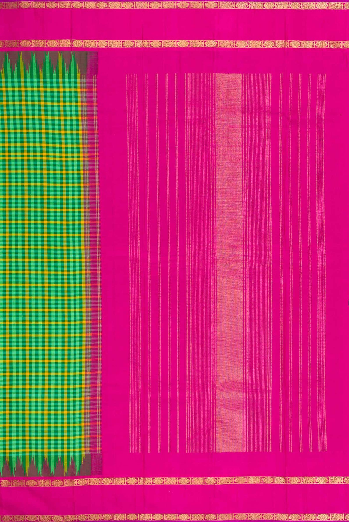 Close up image of the pallu of Pure Silk Pure Zari Green and Yellow Color Kanjivaram Saree with Checked design on the body and Zari Border. 