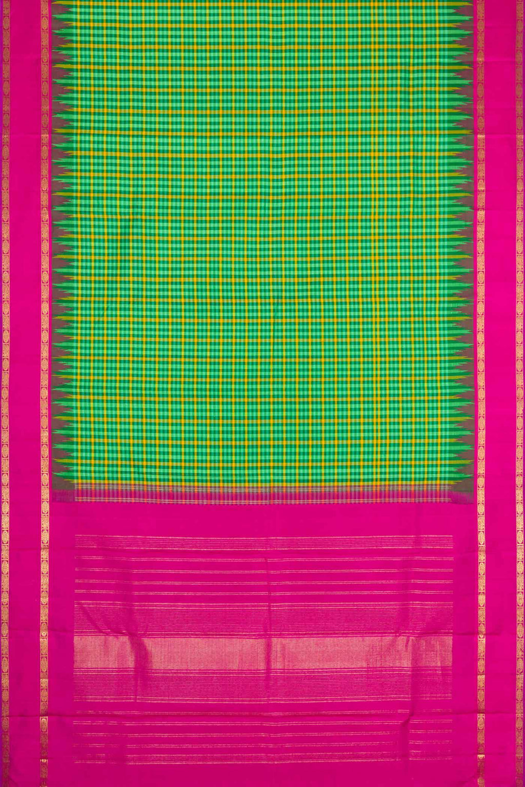 Flat view of Pure Silk Pure Zari Green and Yellow Color Kanjivaram Saree with Checked design on the body and Zari Border. 