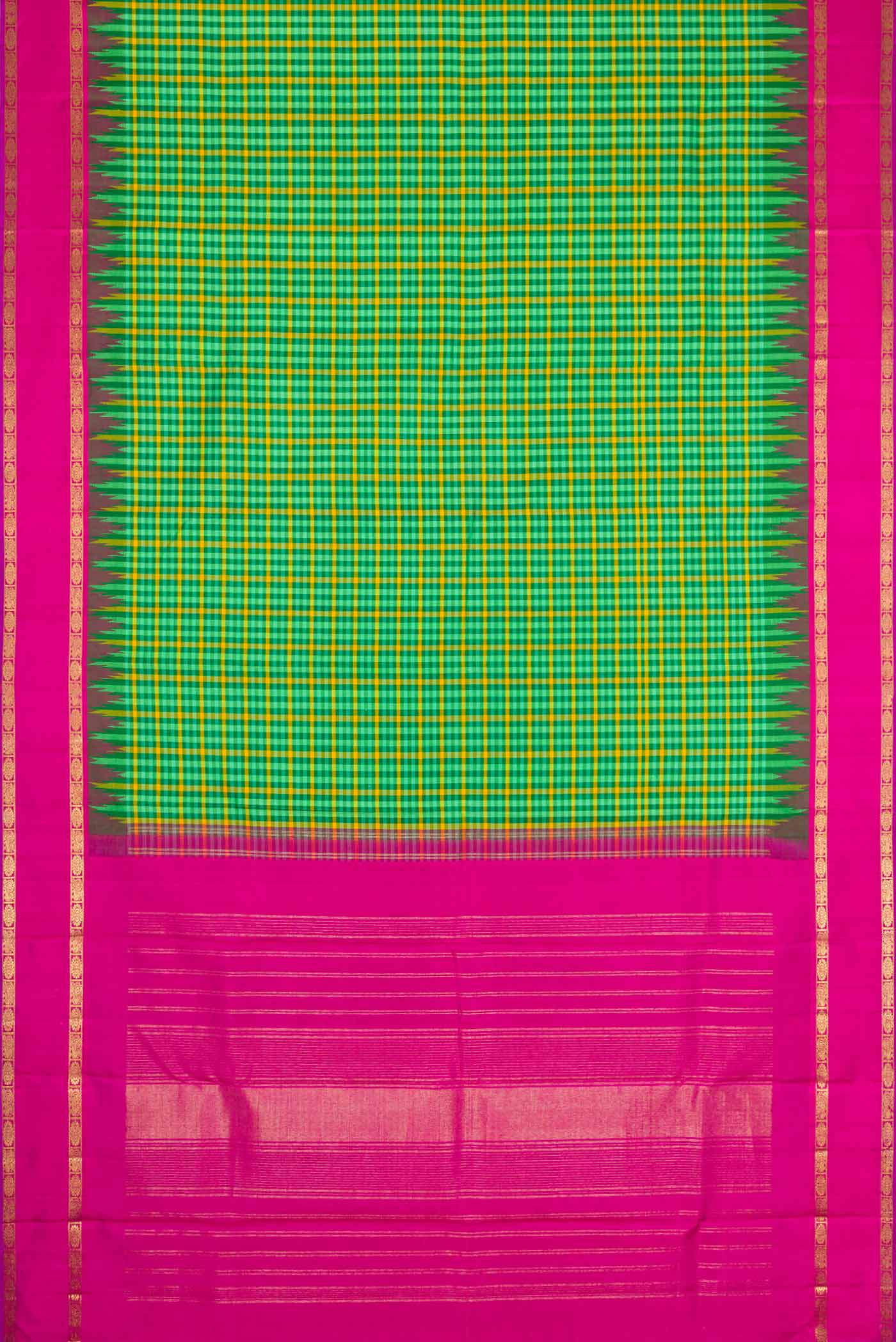 Flat view of Pure Silk Pure Zari Green and Yellow Color Kanjivaram Saree with Checked design on the body and Zari Border. 