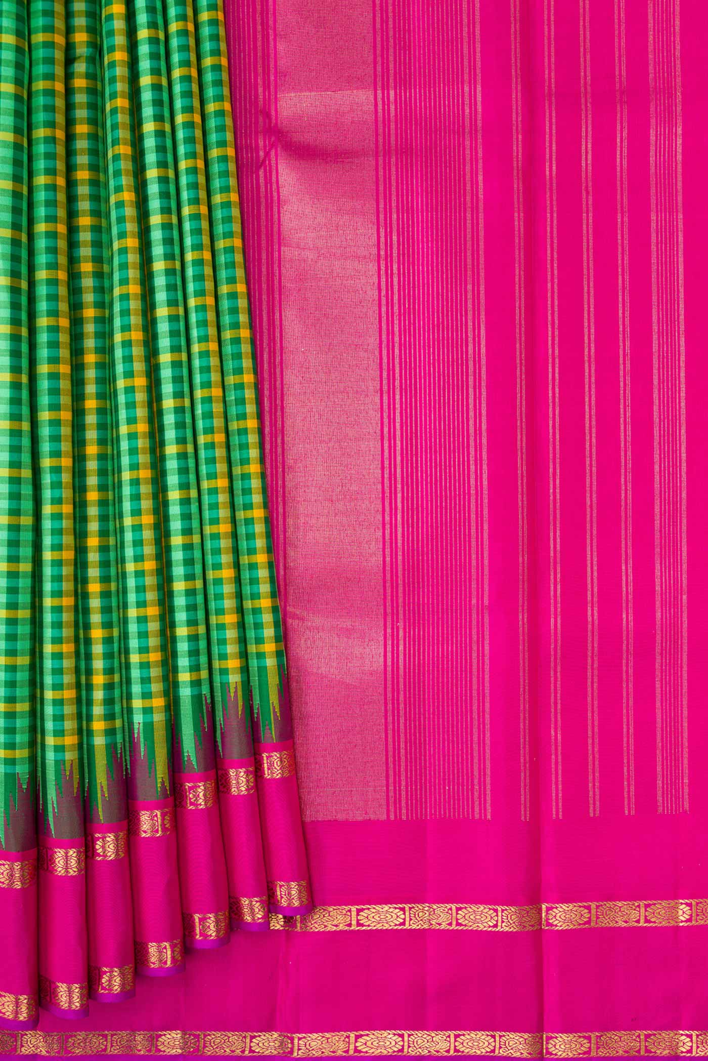 Pleats and pallu of Pure Silk Pure Zari Green and Yellow Color Kanjivaram Saree with Checked design on the body and Zari Border. 