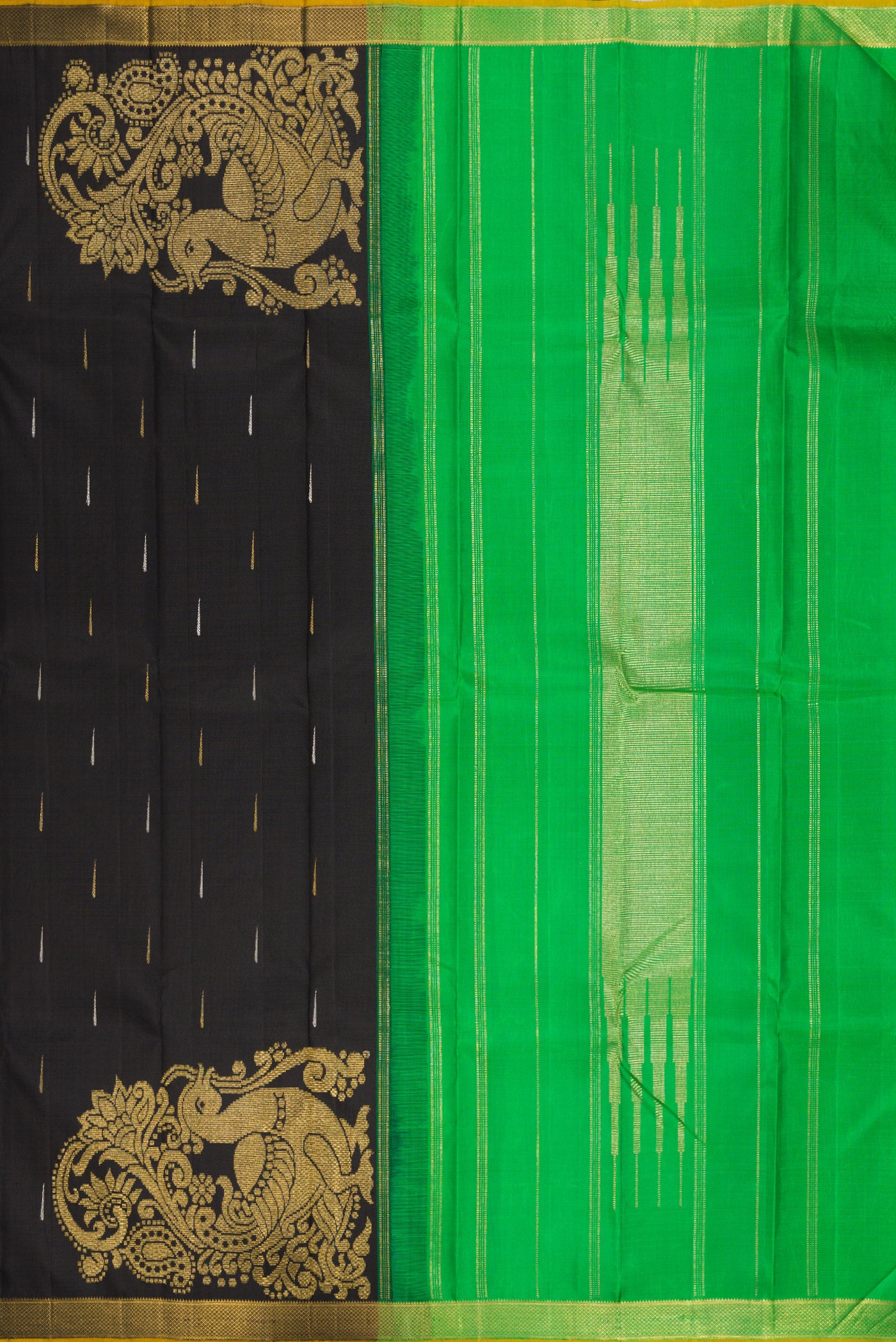 Close up image of the pallu of Black Kanjivaram Silk Saree with Zari Butta on the body and Zari Border. 