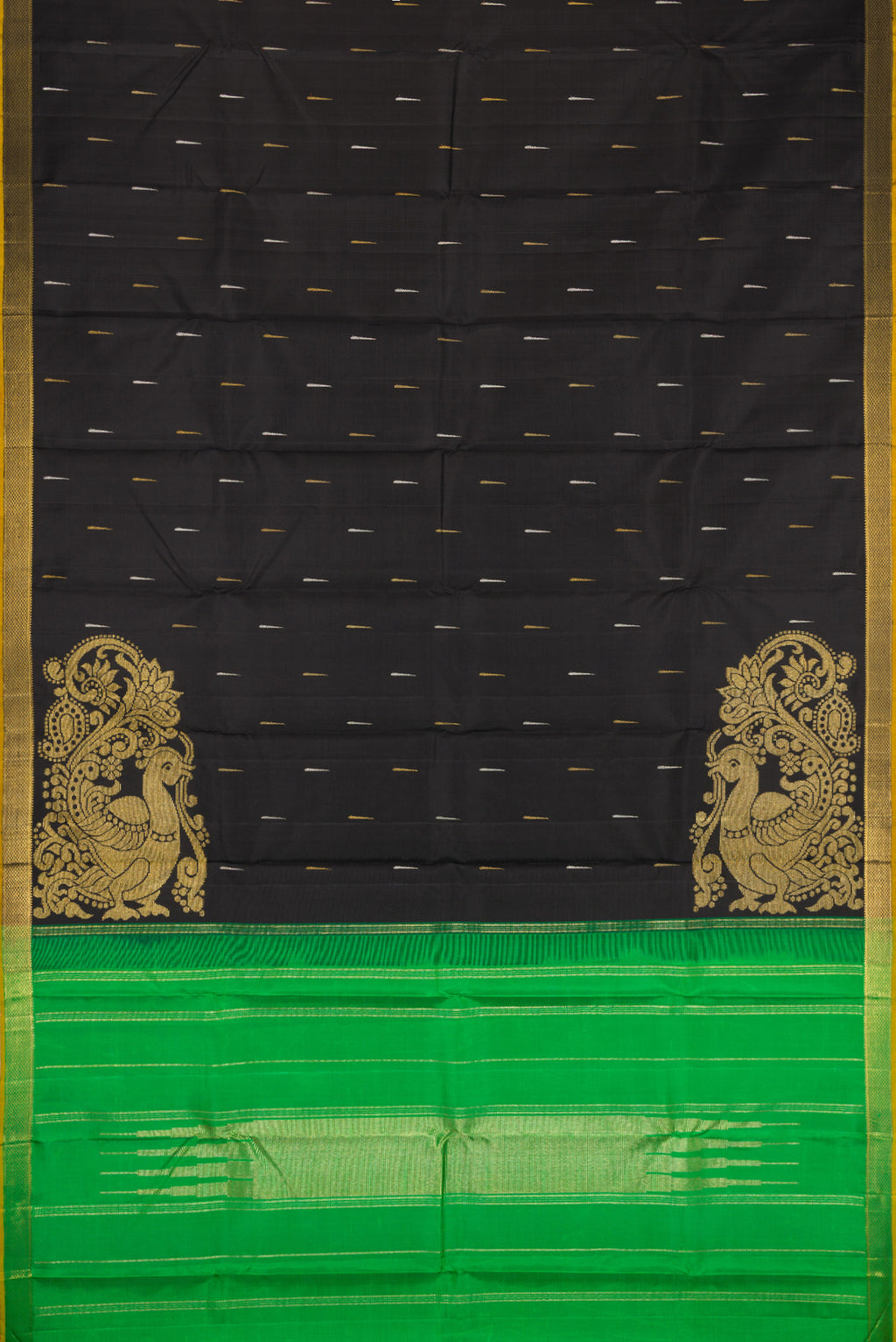 Flat view of Black Kanjivaram Silk Saree with Zari Butta on the body and Zari Border. 