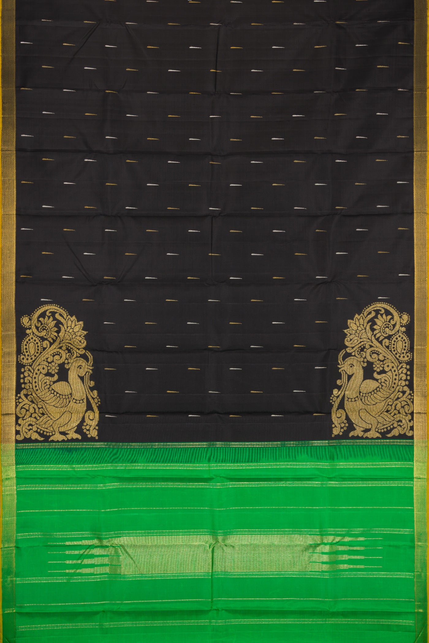 Flat view of Black Kanjivaram Silk Saree with Zari Butta on the body and Zari Border. 