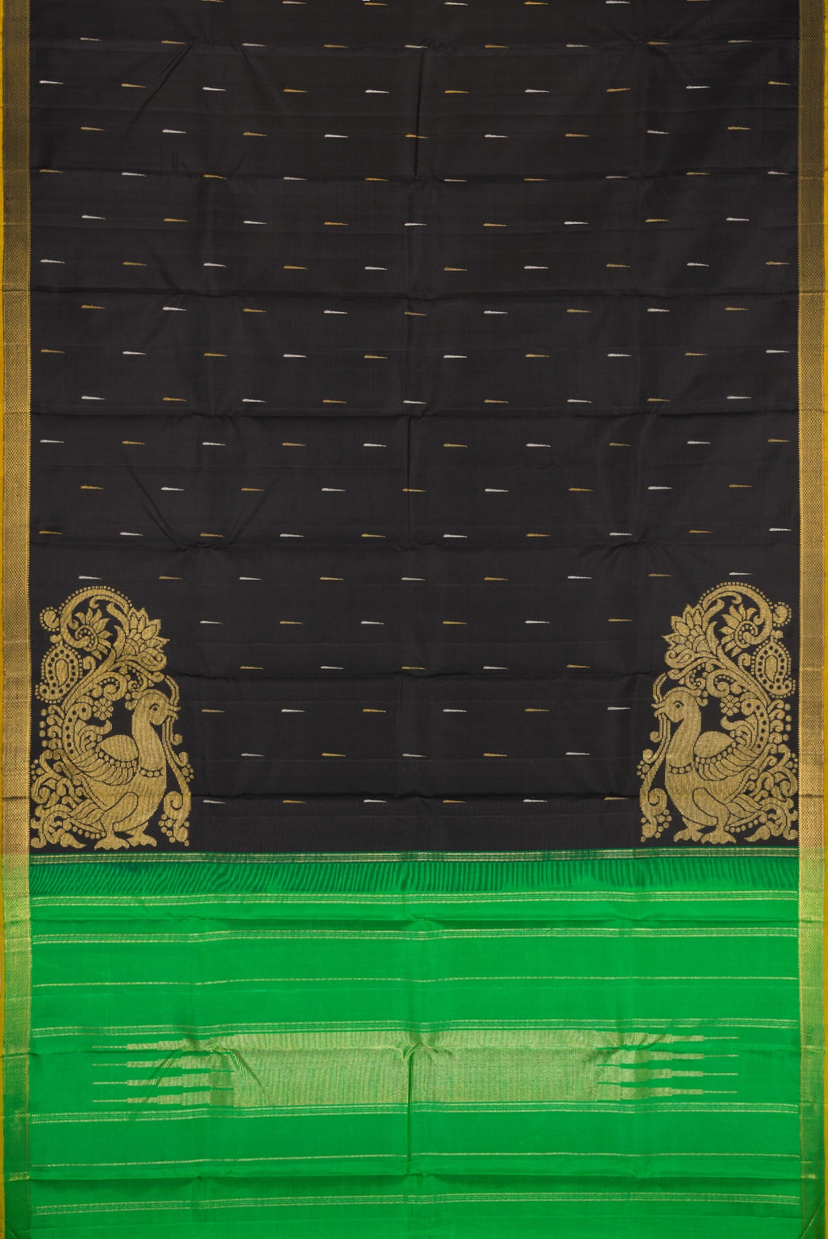 Flat view of Black Kanjivaram Silk Saree with Zari Butta on the body and Zari Border. 