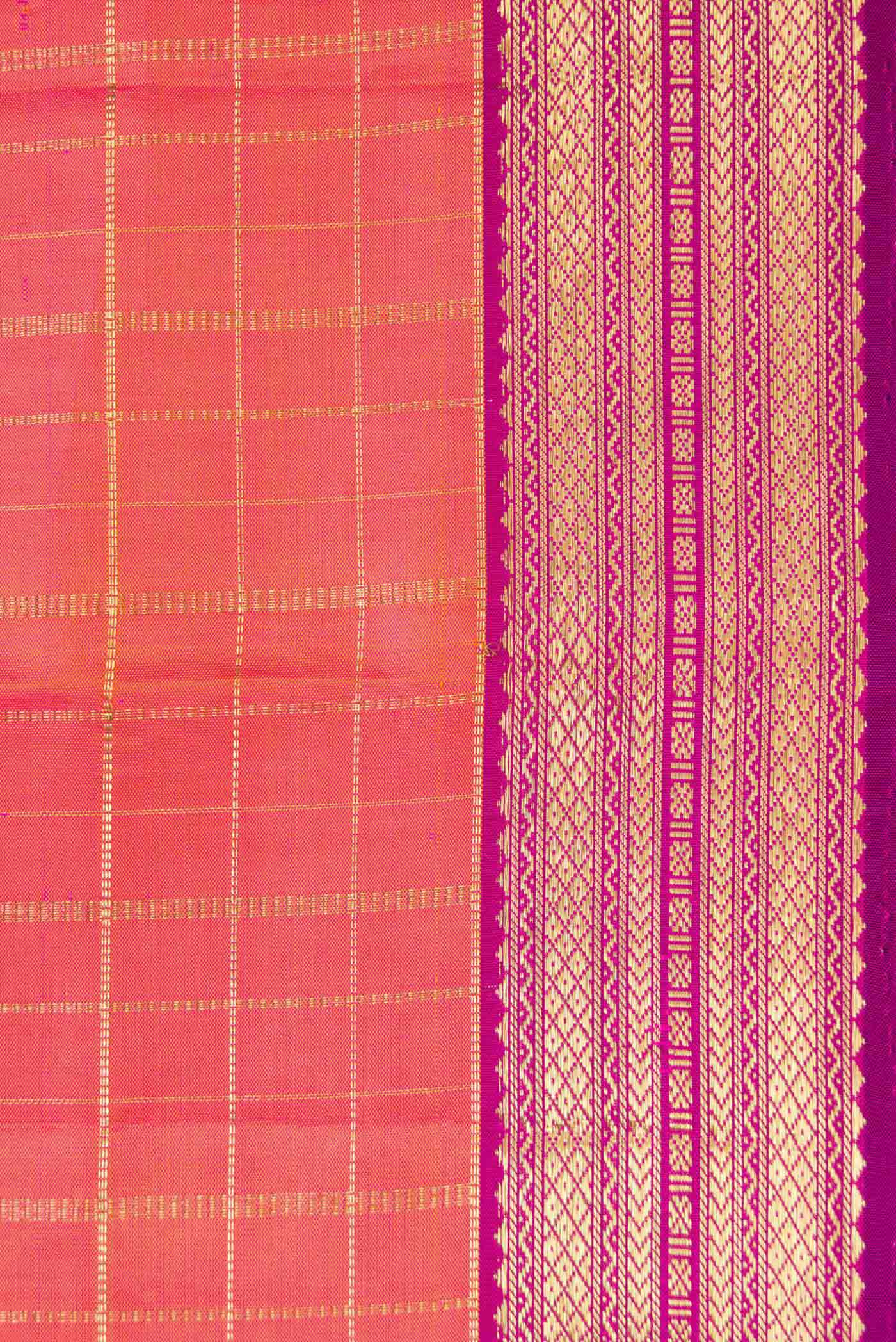 Border image of Pink with Orange Color Kanchipuram Silk Saree with Checked design on the body and Zari Border