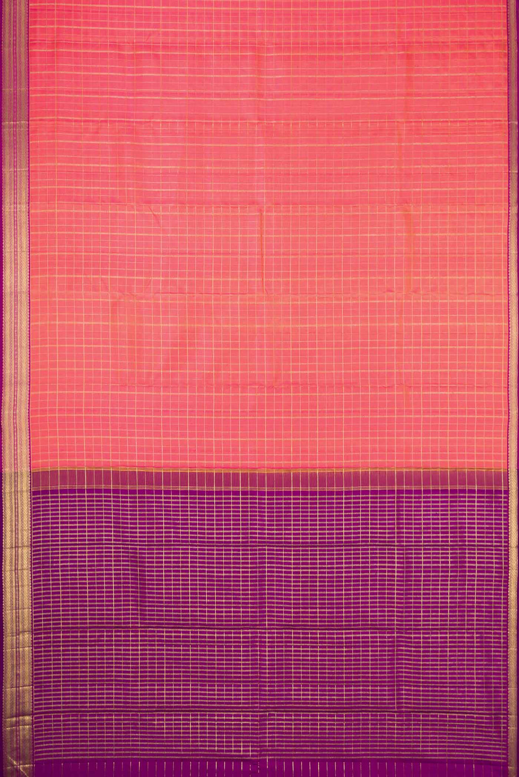Flat view of Pink with Orange Color Kanchipuram Silk Saree with Checked design on the body and Zari Border