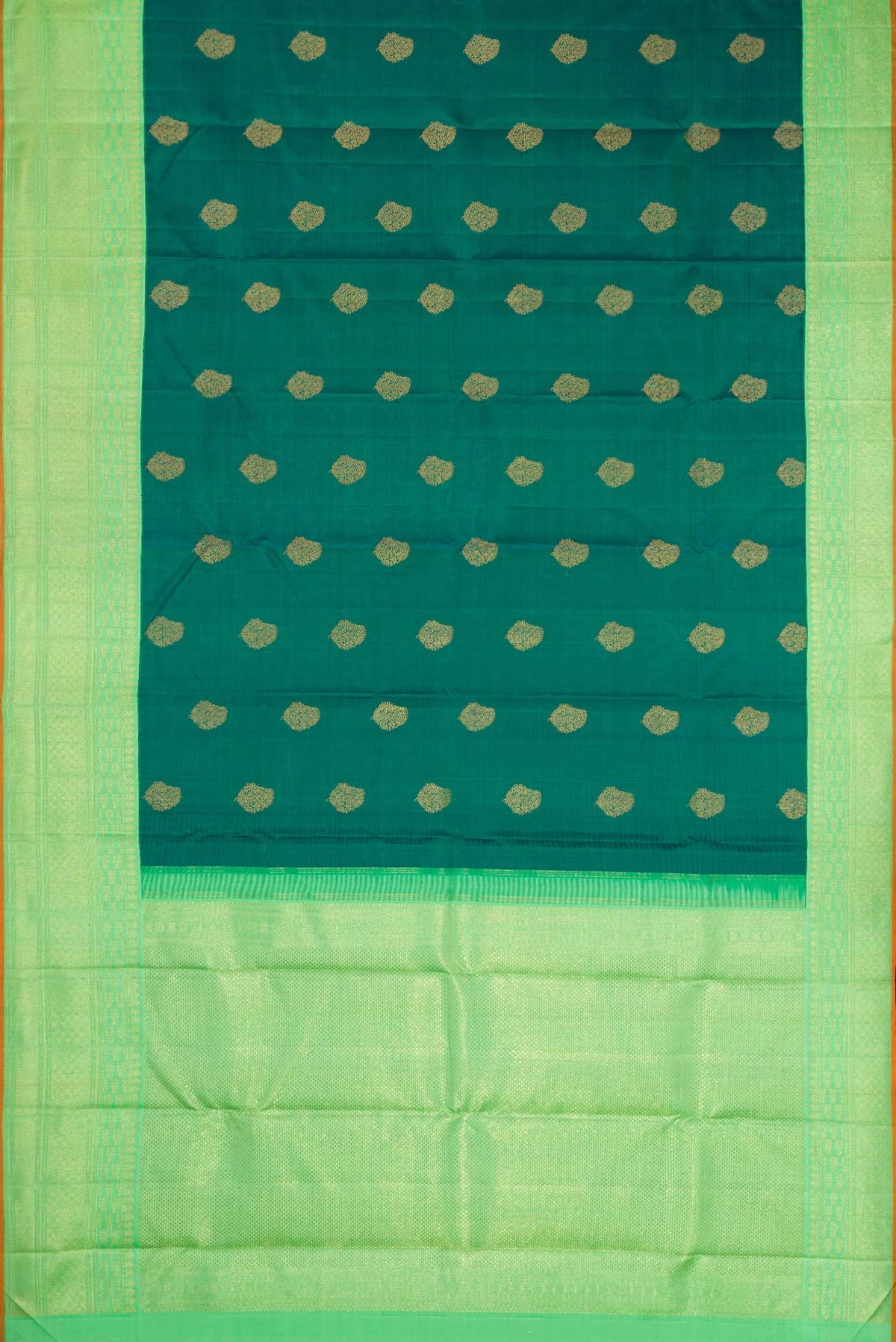 Flat view of Pure Silk Pure Zari Green Dual Tone Kanchipuram Saree with Zari Butta on the body and Zari Border