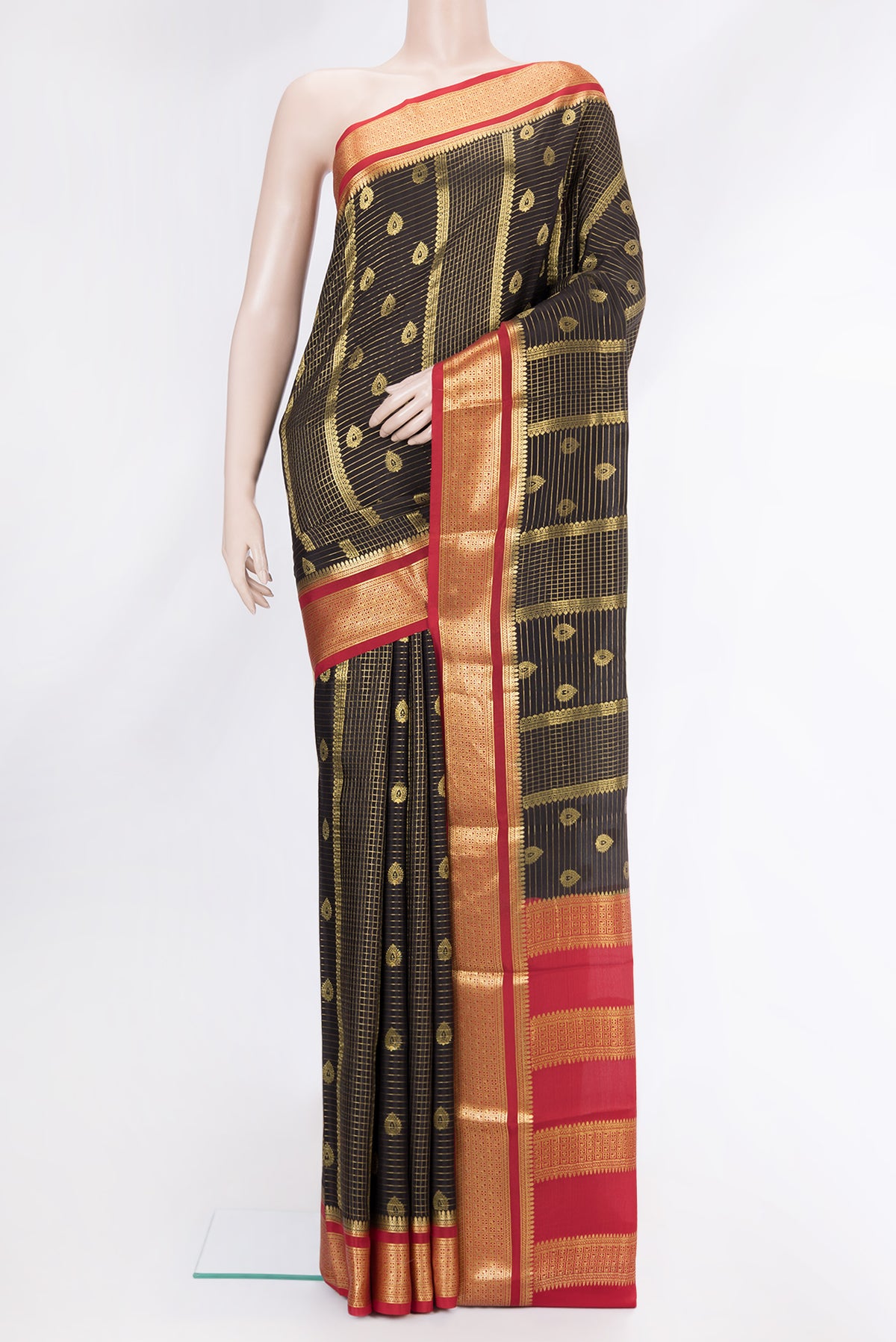 Coffee Brown Mysore Crepe Saree with Checked design on the body and Zari Border.  displayed on a mannequin