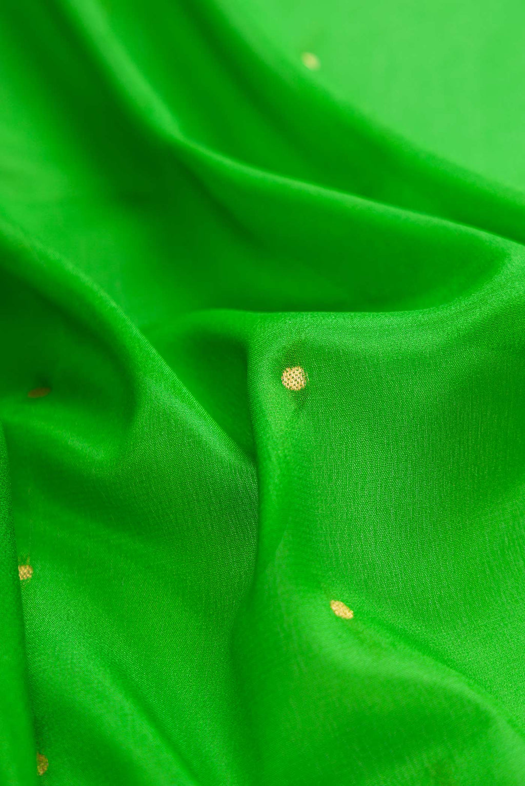 Close up of Parrot Green Dual Tone Mysore Crepe Saree with Zari Butta on the body and Zari Border displaying folds