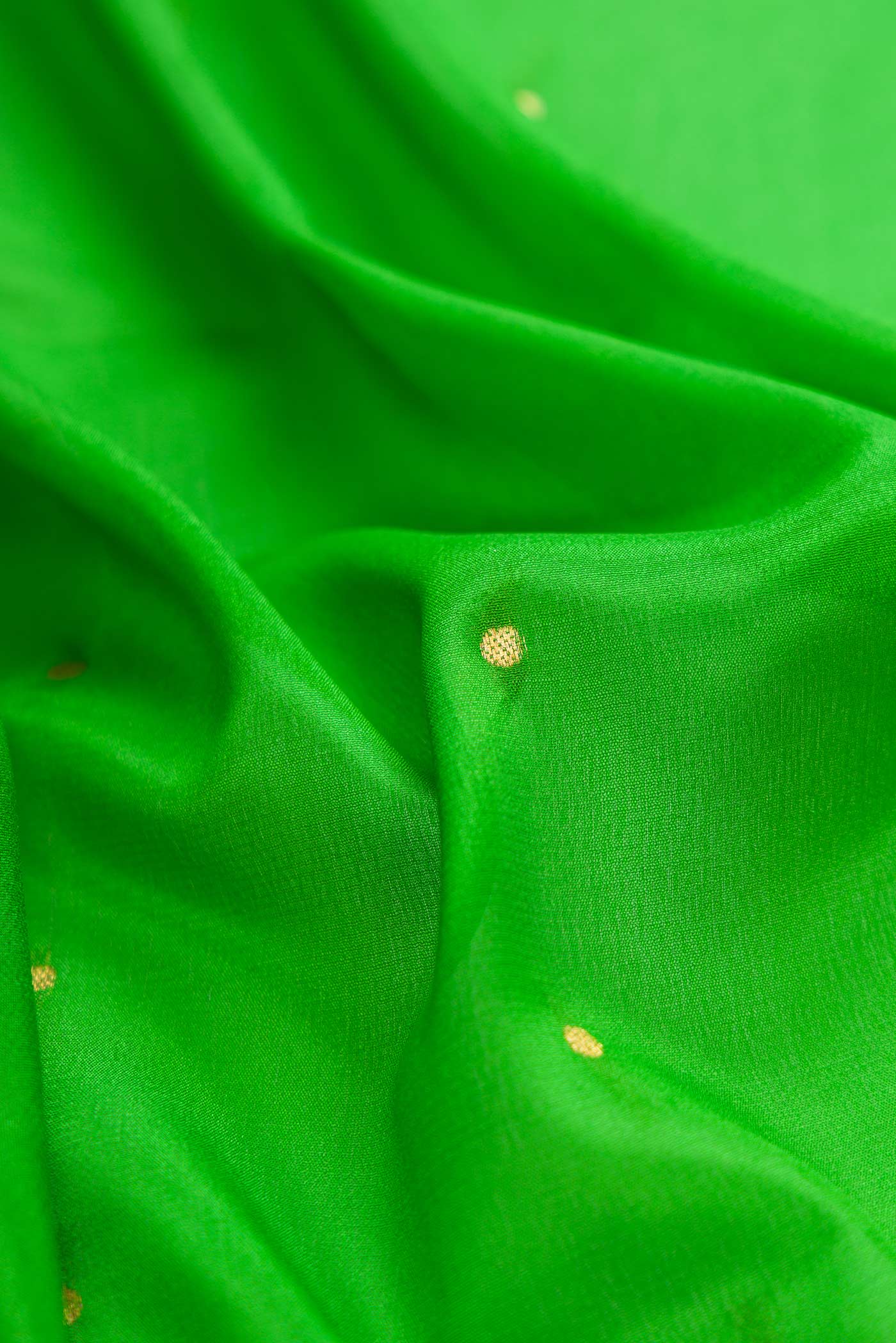 Close up of Parrot Green Dual Tone Mysore Crepe Saree with Zari Butta on the body and Zari Border displaying folds